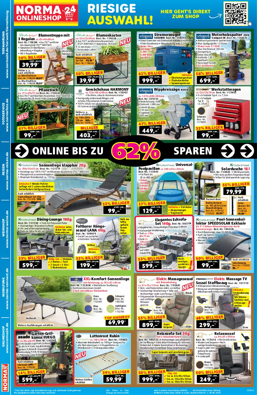 Aktueller Prospekt Norma - Norma - von 16.08 bis 01.06.2024 - strona 2 - produkty: angebot, apfel, Bank, blume, blumen, Blumentreppe, Bona, braun, dekokissen, Diesel, dusche, edelstahl, eis, Elektro, elle, fernbedienung, Finish, gefu, Gewächshaus, grill, grillrost, hängesessel, hocker, Holz, Holzspalter, Kamin, kissen, kleid, Kleidung, korb, kraft, lack, latte, lattenrost, LG, Liege, matratze, matratzen, messer, mikrofaser, Mode, ndk, Nike, pavillon, pool, regal, reis, reiss, rel, relaxsessel, Rubin, Rückenkissen, rückenlehne, rwe, säge, Schal, sessel, sitzbank, Sofa, sonnenliege, sonnenschutz, spee, Stromerzeuger, Tasche, teller, Ti, tiernahrung, tisch, tragetasche, wasser, wein, weine, weinshop