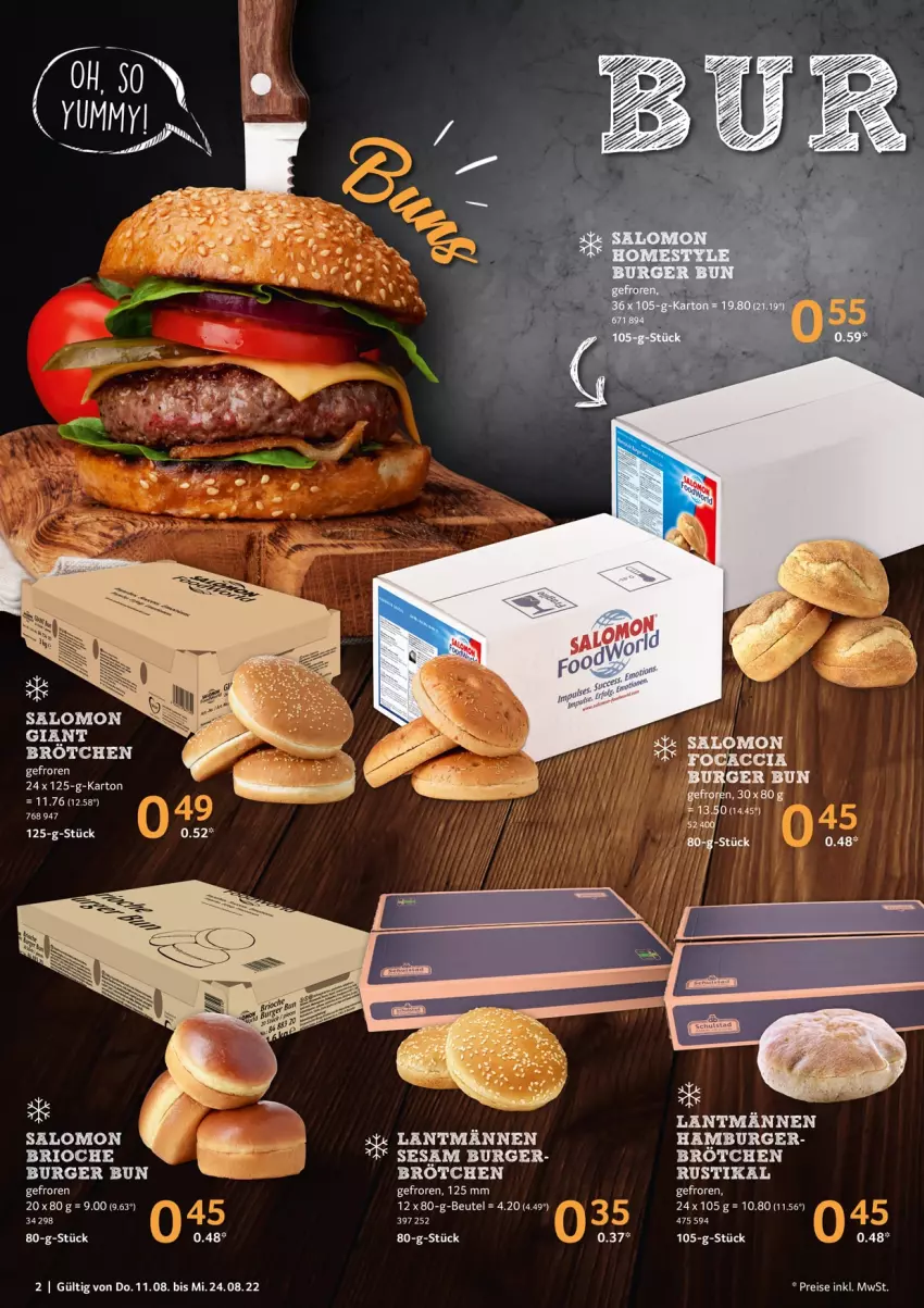 Aktueller Prospekt Selgros - Burger - von 11.08 bis 24.08.2022 - strona 2 - produkty: beutel, brot, brötchen, burger, hamburger, salomon, sesam, Ti