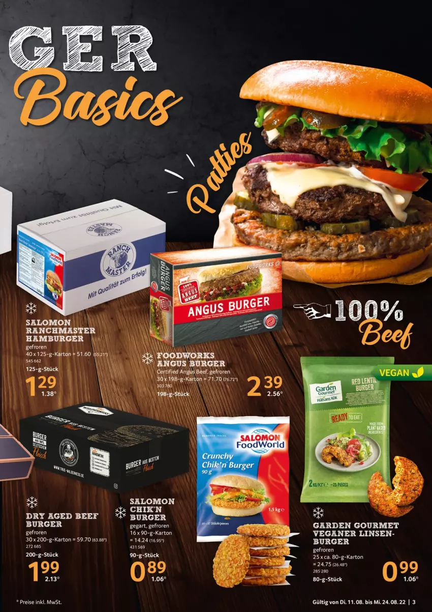 Aktueller Prospekt Selgros - Burger - von 11.08 bis 24.08.2022 - strona 3 - produkty: beef, bio, burger, eis, garden gourmet, hamburger, linsen, reis, salomon, tee, Ti