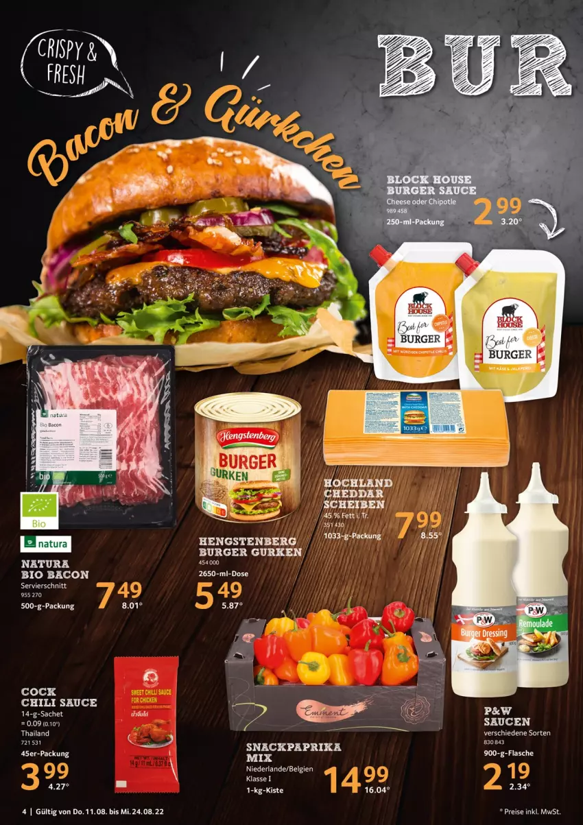 Aktueller Prospekt Selgros - Burger - von 11.08 bis 24.08.2022 - strona 4 - produkty: bacon, bio, burger, cheddar, chili, eis, gurke, gurken, hengstenberg, LG, natur, natura, paprika, reis, sac, sauce, saucen, snack, Ti, uhd