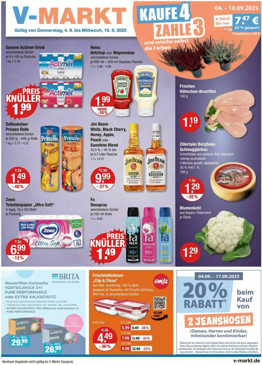 Aktueller Prospekt Vmarkt - Prospekte - von 04.09 bis 10.09.2025 - strona 1 - produkty: angebot, angebote, Apple, bett, blume, blumen, blumenkohl, brita, deo, deospray, filet, flasche, jim beam, kaffee, Käse, Kinder, lack, LG, mac, schnittkäse, sunshine, tee, Ti, tisch, wasser, wasserfilter