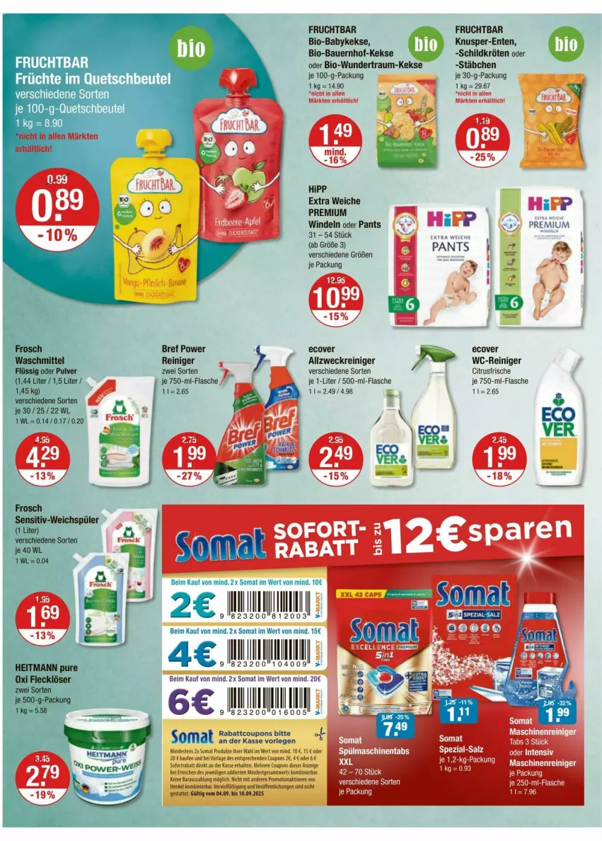 Aktueller Prospekt Vmarkt - Prospekte - von 04.09 bis 10.09.2025 - strona 10 - produkty: auer, Bau, Bauer, bio, Bref, bref power, citrus, coupon, coupons, ente, flasche, Frosch, frucht, heitmann, henkel, hipp, keks, kekse, LG, maschinenreiniger, Pants, reiniger, salz, somat, Spezi, spülmaschinen, spülmaschinentabs, Ti, waschmittel, wc-reiniger, weck, windeln, windeln oder pants