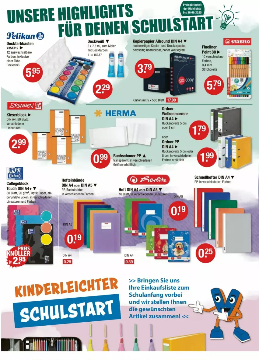 Aktueller Prospekt Vmarkt - Prospekte - von 04.09 bis 10.09.2025 - strona 12 - produkty: Brei, brunnen, buch, collegeblock, din a4, drucker, elle, Fineliner, Hefte, kopierpapier, ordner, papier, ring, Schnellhefter, stabilo, Ti