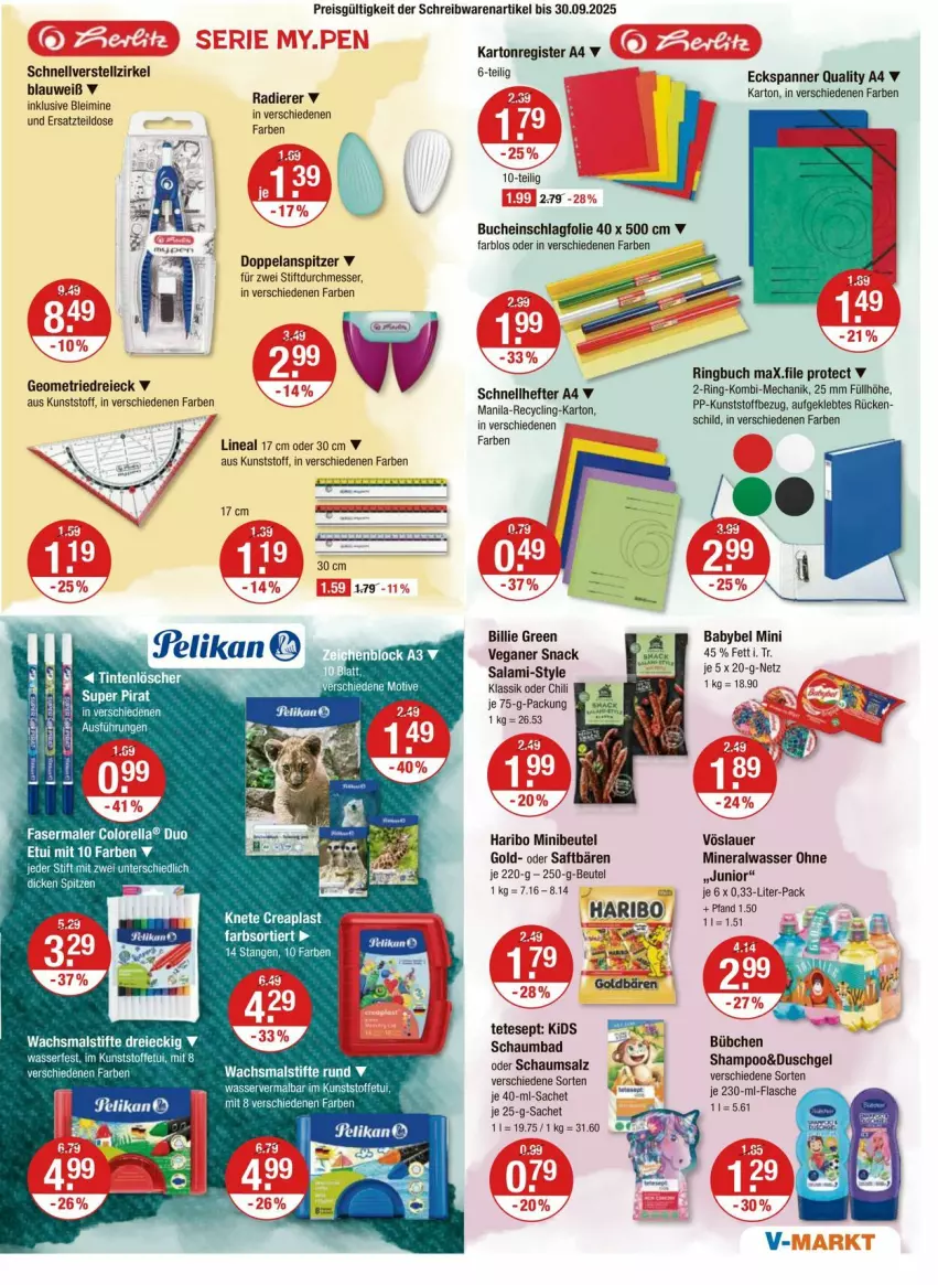 Aktueller Prospekt Vmarkt - Prospekte - von 04.09 bis 10.09.2025 - strona 13 - produkty: Alwa, auer, babybel, Bad, beere, beeren, beutel, bübchen, buch, chili, Clin, duschgel, eis, Elan, fasermaler, flasche, haribo, Hefte, messer, mineralwasser, reis, rel, ring, sac, saft, salami, salz, schaumbad, Schnellhefter, schreibwaren, shampoo, snack, stifte, Ti, Tintenlöscher, vöslauer, wasser, Yo, ZTE