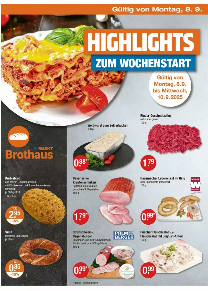Aktueller Prospekt Vmarkt - Prospekte - von 04.09 bis 10.09.2025 - strona 18 - produkty: Berger, blume, blumen, brot, buch, burger, eis, fleisch, fleischsalat, geschnetzeltes, gewürz, Hausmacher, Holz, joghur, joghurt, Krustenschinken, Kürbis, kürbiskerne, leberwurst, mac, mehl, natur, regensburger, rind, rinder, ring, salat, schinken, schwein, sonnenblume, sonnenblumen, Sonnenblumenkerne, sonnenblumenkernen, spitzenqualität, wein, Weißwurst, wurst, Zelt