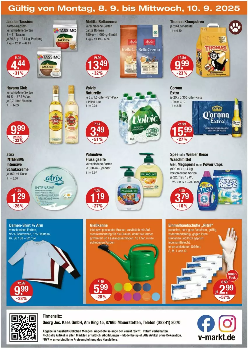 Aktueller Prospekt Vmarkt - Prospekte - von 04.09 bis 10.09.2025 - strona 20 - produkty: alle artikel ohne dekoration, angebot, angebote, Atrix, auer, Bau, baumwolle, bellacrema, beutel, bohne, bohnen, Cap, corona, corona extra, damen-shirt, dekoration, dell, eis, elle, flasche, flüssigseife, Havana Club, jacobs, kaes, kaffee, kaffee-kapseln, klumpstreu, megaperls, melitta, Mode, natur, olive, palmolive, rel, ring, Seife, shirt, sim, spee, tasse, tassimo, telefon, Ti, volvic, waschmittel, wolle