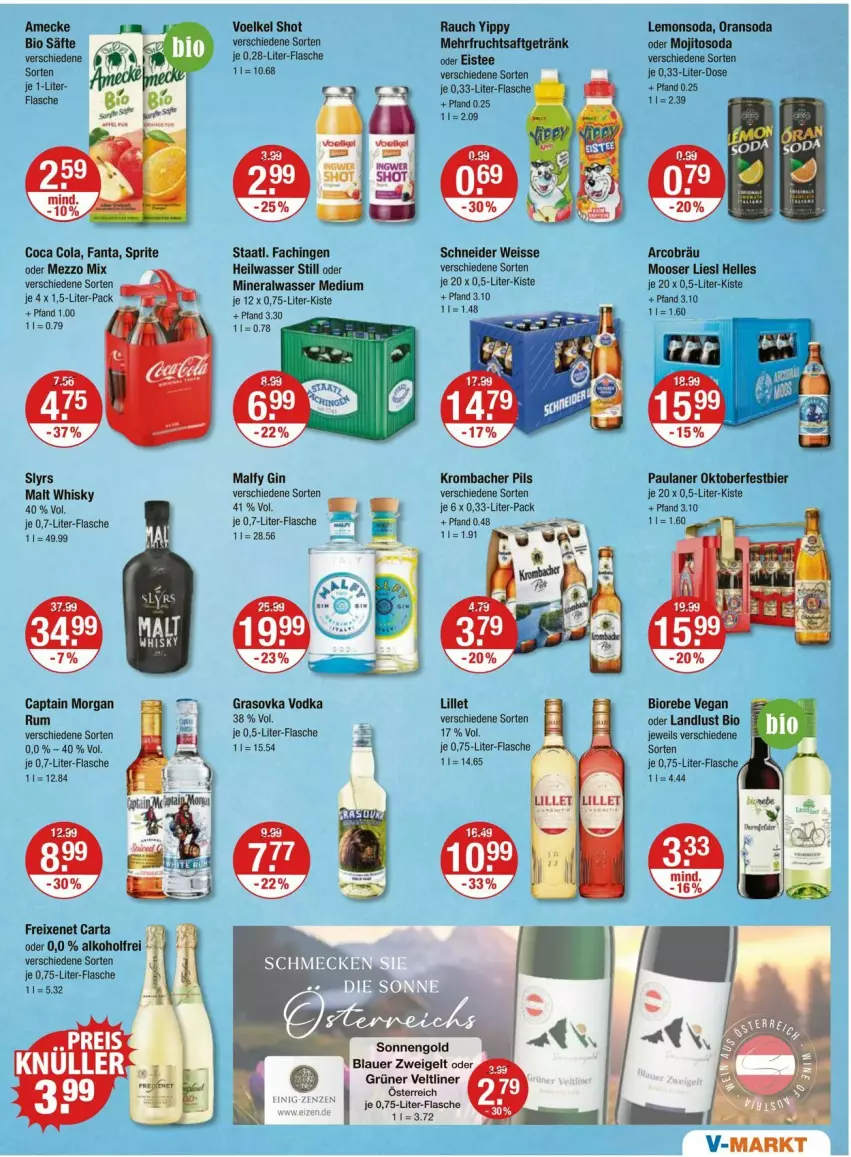 Aktueller Prospekt Vmarkt - Prospekte - von 04.09 bis 10.09.2025 - strona 9 - produkty: alkohol, Alwa, amecke, auer, bier, bio, blauer zweigelt, Cap, captain morgan, Cien, cola, eis, elle, fanta, flasche, freixenet, frucht, fruchtsaft, fruchtsaftgetränk, getränk, gin, grüner veltliner, ingwer, krombache, krombacher, krombacher pils, lillet, Mezzo Mix, mineralwasser, Mineralwasser Medium, mojito, Paula, paulaner, pils, Rauch, rum, saft, säfte, Soda, sprite, Staatl. Fachingen, tee, Ti, vodka, wasser, whisky, Zweigelt