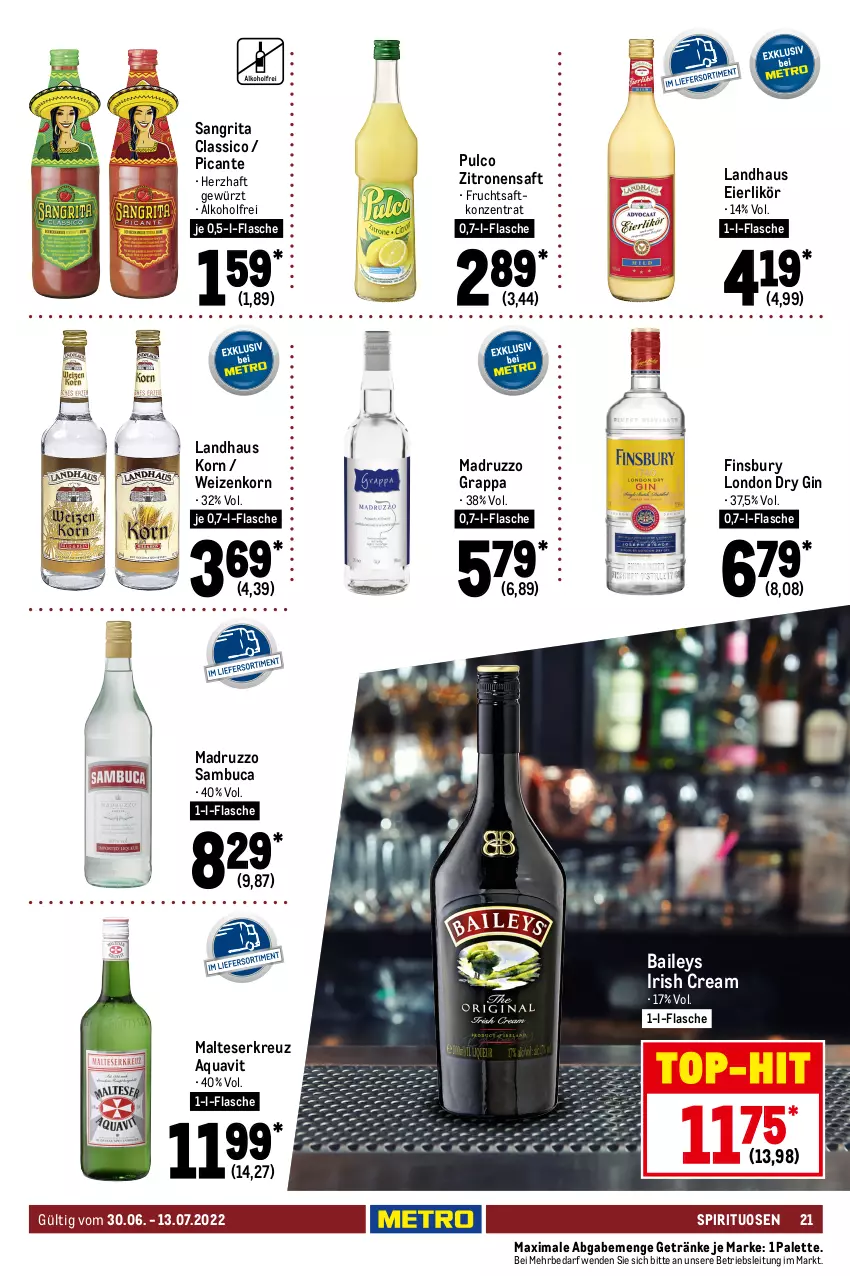 Aktueller Prospekt Metro - GastroJournal - von 30.06 bis 13.07.2022 - strona 21 - produkty: alkohol, Amaretto, aqua, aquavit, asbach uralt, bacardi, bacardi rum, baileys, classico, dry gin, eier, eierlikör, eis, finsbury, flasche, frucht, fruchtsaft, Germ, getränk, getränke, gewürz, gin, grappa, irish cream, jägermeister, korn, kräuter, kräuterlikör, licor, licor 43, likör, limo, london dry, london dry gin, malteser, Meister, Palette, rum, saft, sambuca, spirituosen, Ti, top-hit, underberg, wein, weinbrand, weizenkorn, zitrone, zitronen, zitronensaft