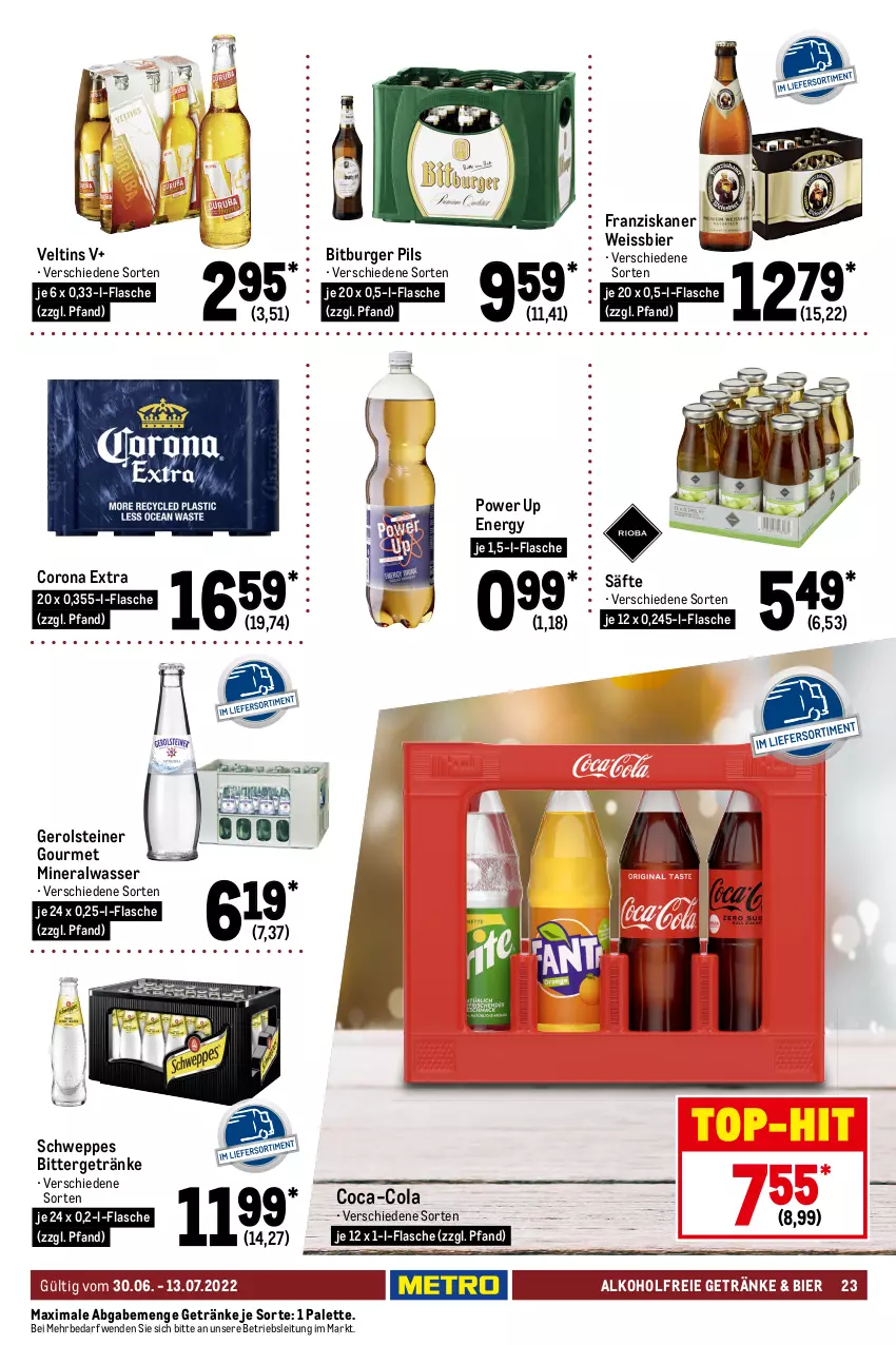 Aktueller Prospekt Metro - GastroJournal - von 30.06 bis 13.07.2022 - strona 23 - produkty: alkohol, alkoholfreie getränke, Alwa, auto, beere, beeren, bier, bitburger, bitburger pils, blume, blumen, burger, cabernet, cabernet sauvignon, cassis, Cava, coca-cola, cola, corona, corona extra, de blancs, ecco, eis, elle, flasche, franziskaner, freixenet, frucht, früchte, früchten, gerolsteine, gerolsteiner, getränk, getränke, gewürz, Heu, himbeer, himbeere, himbeeren, honig, honigmelone, LG, melone, mineralwasser, Müller, mumm, Palette, perlen, pet-flasche, pfirsich, pils, Pinot, pinot grigio, prosecco, puma, rioja, rosen, saft, säfte, sauvignon, schwein, schweppes, sekt, spumante, steiner, Ti, tisch, top-hit, valdo, veltins, vin de france, wasser, wein, weissbier, zitrone, zitronen