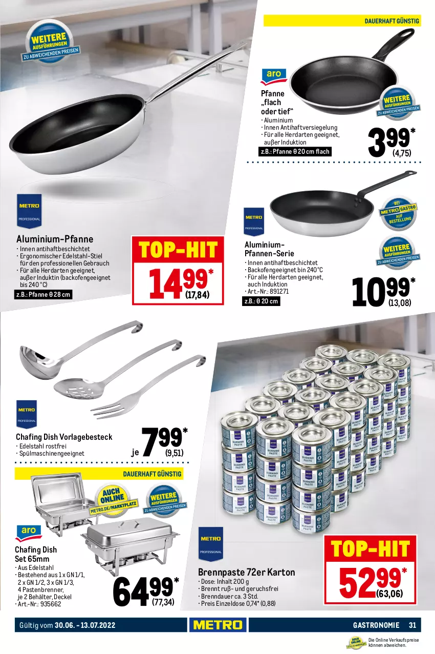 Aktueller Prospekt Metro - GastroJournal - von 30.06 bis 13.07.2022 - strona 31 - produkty: auer, auto, backofen, Behälter, besteck, Brennpaste, brut, decke, Deckel, edelstahl, eis, elle, geschirr, Geschirrserie, herdarten, isolierkanne, latte, mikrowelle, Ofen, pfanne, pfannen, pizza, Rauch, reis, salat, Schal, Schale, spülmaschinen, teller, Ti, tisch, top-hit