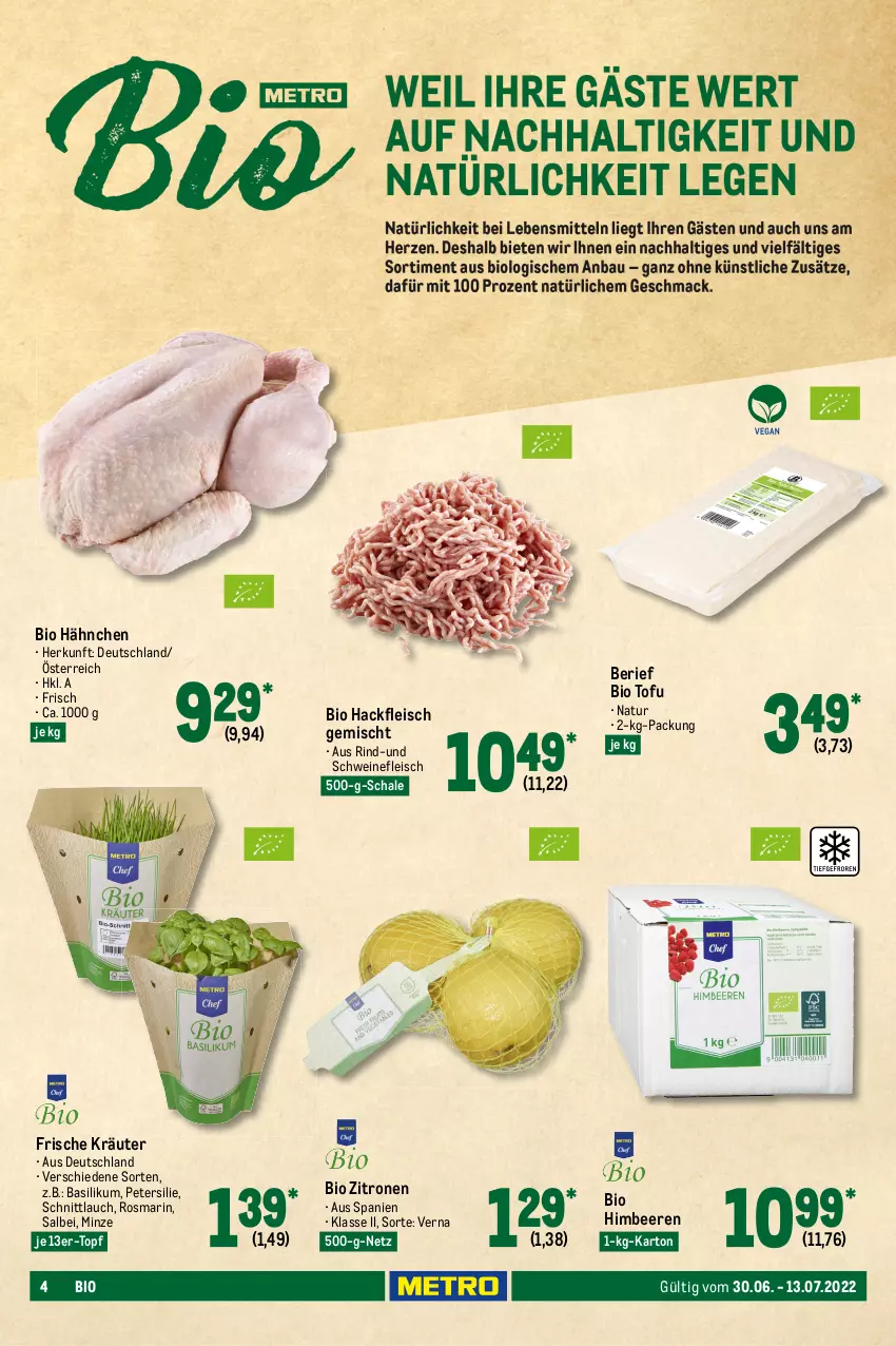 Aktueller Prospekt Metro - GastroJournal - von 30.06 bis 13.07.2022 - strona 4 - produkty: auer, basilikum, Bau, beere, beeren, beutel, bio, bio limo, Birnen, bohne, braun, burgunder, eier, eimer, eis, ente, flasche, fleisch, getränk, getränke, grauer burgunder, hackfleisch, hackfleisch gemischt, himbeer, himbeere, himbeeren, joghur, joghurt, korn, kräuter, Langkornreis, limo, limonade, mandel, mandeln, milch, minze, natur, naturjoghurt, nuss, Palette, petersilie, quark, reis, riesling, rind, rosmarin, Schal, Schale, schnittlauch, schwein, schweine, schweinefleisch, speisequark, Ti, Tofu, tomate, tomaten, topf, trolli, vio bio limo, wein, weine, zitrone, zitronen