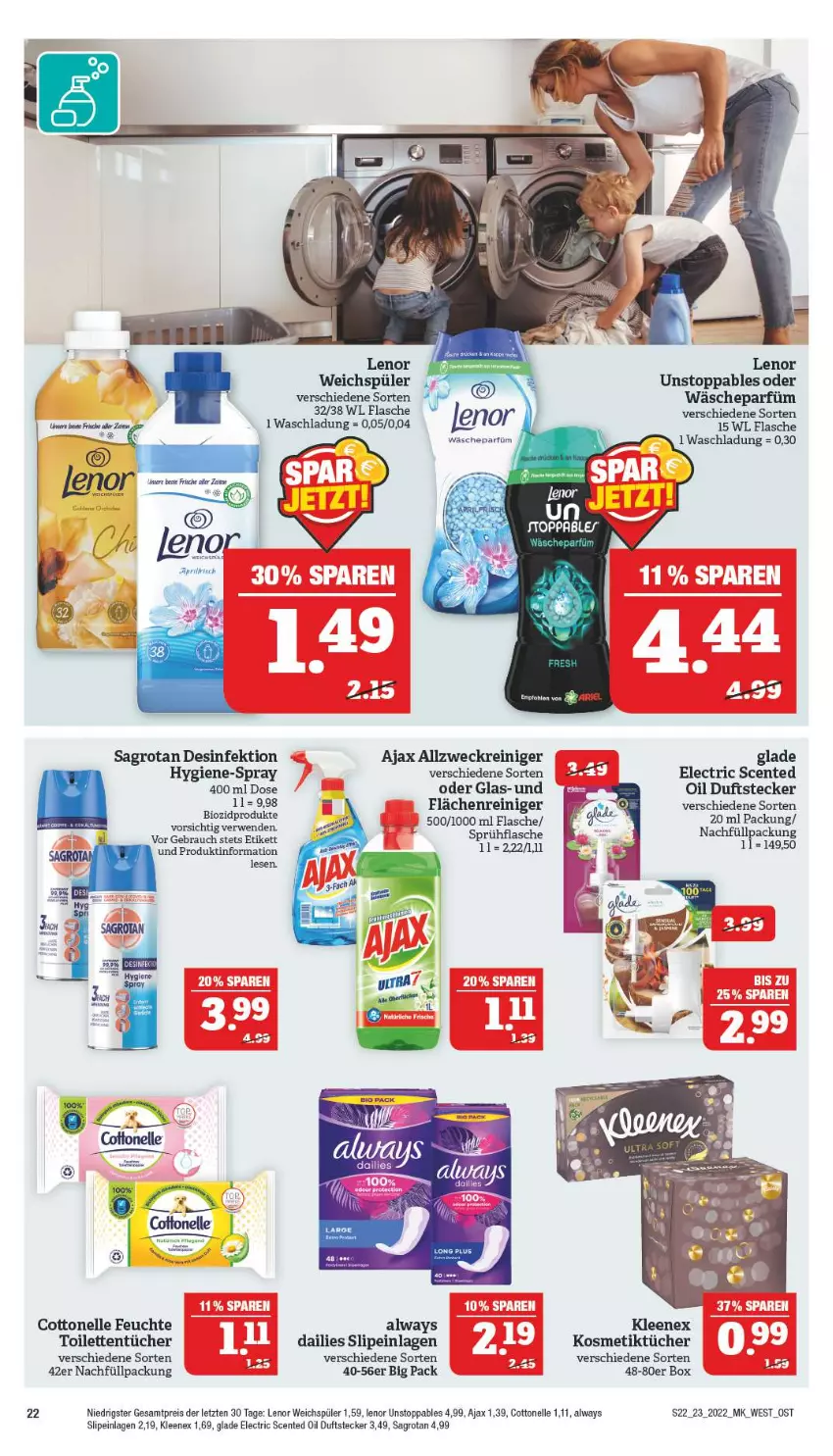 Aktueller Prospekt Marktkauf - Prospekt - von 06.06 bis 11.06.2022 - strona 22 - produkty: ajax, allzweckreiniger, Alwa, Always, cottonelle, dailies, Desinfektion, eis, elle, ente, flasche, Glade, kosmetik, Kosmetiktücher, leine, lenor, lenor weichspüler, Rauch, reiniger, reis, rwe, sagrotan, slip, slipeinlagen, sprühflasche, Ti, toilettentücher, tücher, wäscheparfüm, weck, weichspüler, ZTE