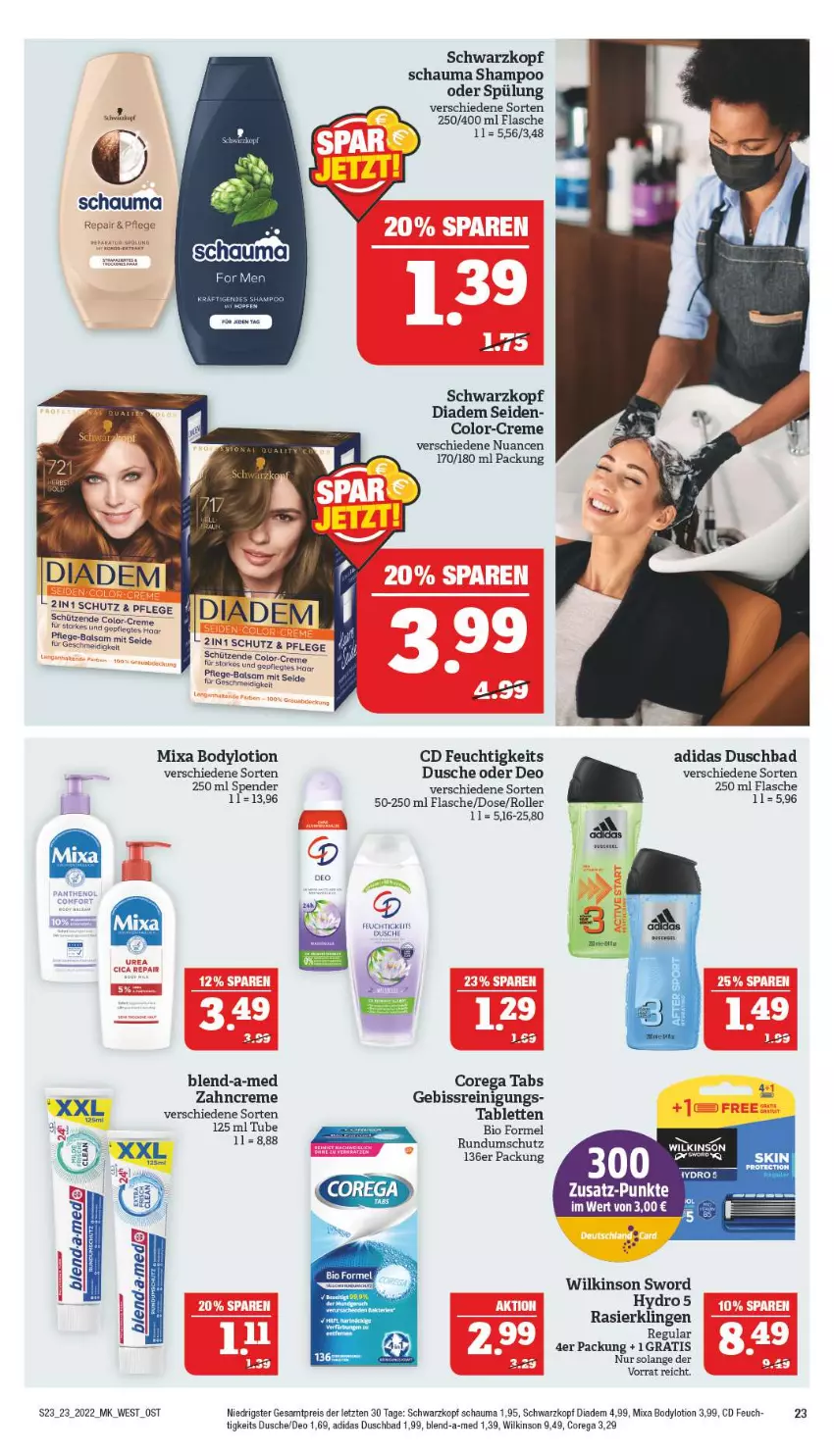 Aktueller Prospekt Marktkauf - Prospekt - von 06.06 bis 11.06.2022 - strona 23 - produkty: Adidas, Bad, balsam, blend-a-med, body, bodylotion, creme, deo, diadem, duschbad, dusche, eis, flasche, Lotion, Mixa, Nuance, Rasierklinge, rasierklingen, Reinigung, reis, Roller, schauma, schauma shampoo, Schütze, schwarzkop, schwarzkopf, sekt, shampoo, shampoo oder spülung, spülung, tablet, tablett, Tablette, tee, Ti, wilkinson, zahncreme, ZTE