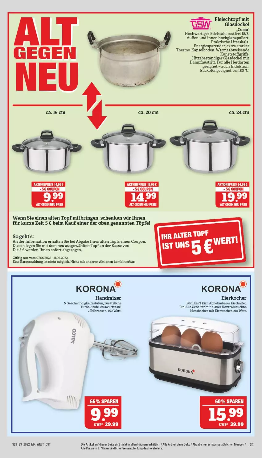 Aktueller Prospekt Marktkauf - Prospekt - von 06.06 bis 11.06.2022 - strona 29 - produkty: aktionspreis, auer, aust, backofen, Becher, coupon, decke, Deckel, edelstahl, eier, Eierkocher, eis, elle, erde, fleisch, Fleischtopf, Glasdeckel, handmixer, herdarten, hochglanz, Kocher, Leuchte, LG, Messbecher, Mixer, Ofen, Pfau, reis, ring, Schal, teller, Ti, tisch, topf