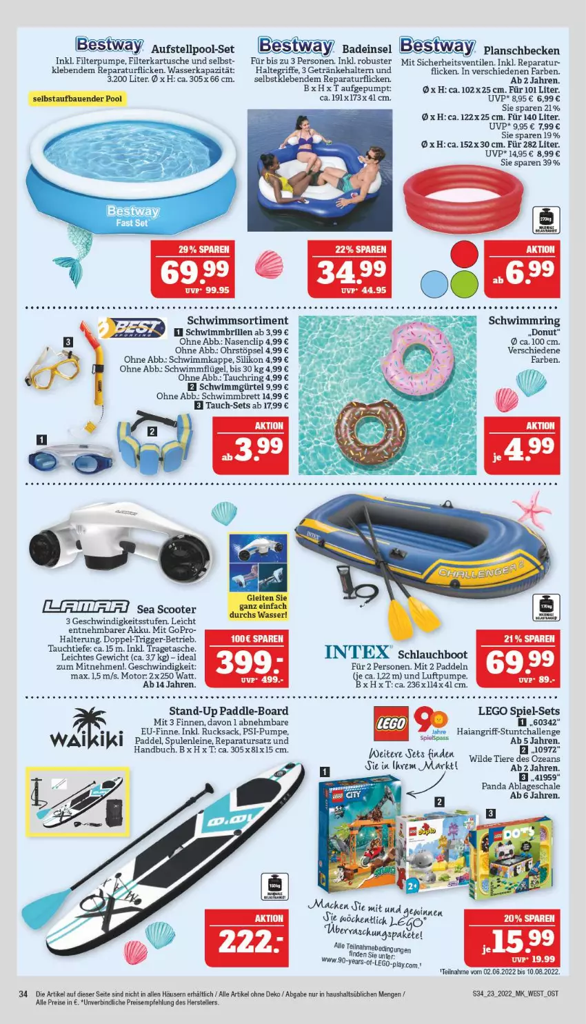 Aktueller Prospekt Marktkauf - Prospekt - von 06.06 bis 11.06.2022 - strona 34 - produkty: akku, Bad, bestway, Brille, buch, Donut, eis, elle, getränk, getränke, getränkehalter, GoPro, leine, mac, planschbecken, pool, reis, ring, rucksack, sac, Schal, Schale, schlauch, Schwimmbrille, Schwimmflügel, schwimmring, scooter, Tasche, teller, Ti, Tiere, tragetasche, wasser, Wild, Yo