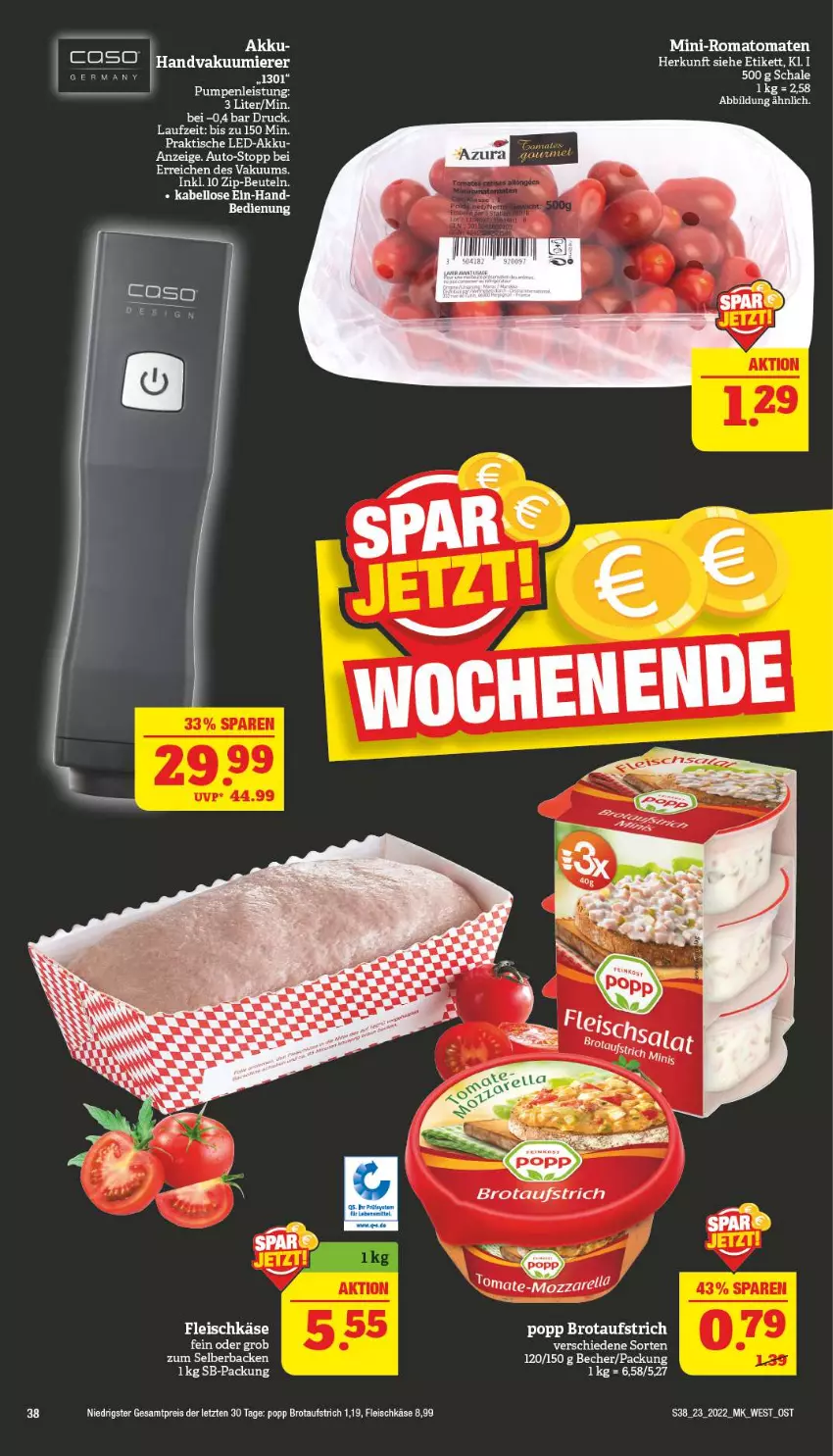 Aktueller Prospekt Marktkauf - Prospekt - von 06.06 bis 11.06.2022 - strona 38 - produkty: aufstrich, auto, beutel, brot, brotaufstrich, eis, fleisch, fleischkäse, Germ, Käse, Popp, reis, Romatomaten, Schal, Schale, Ti, tomate, tomaten, Vakuumierer, ZTE