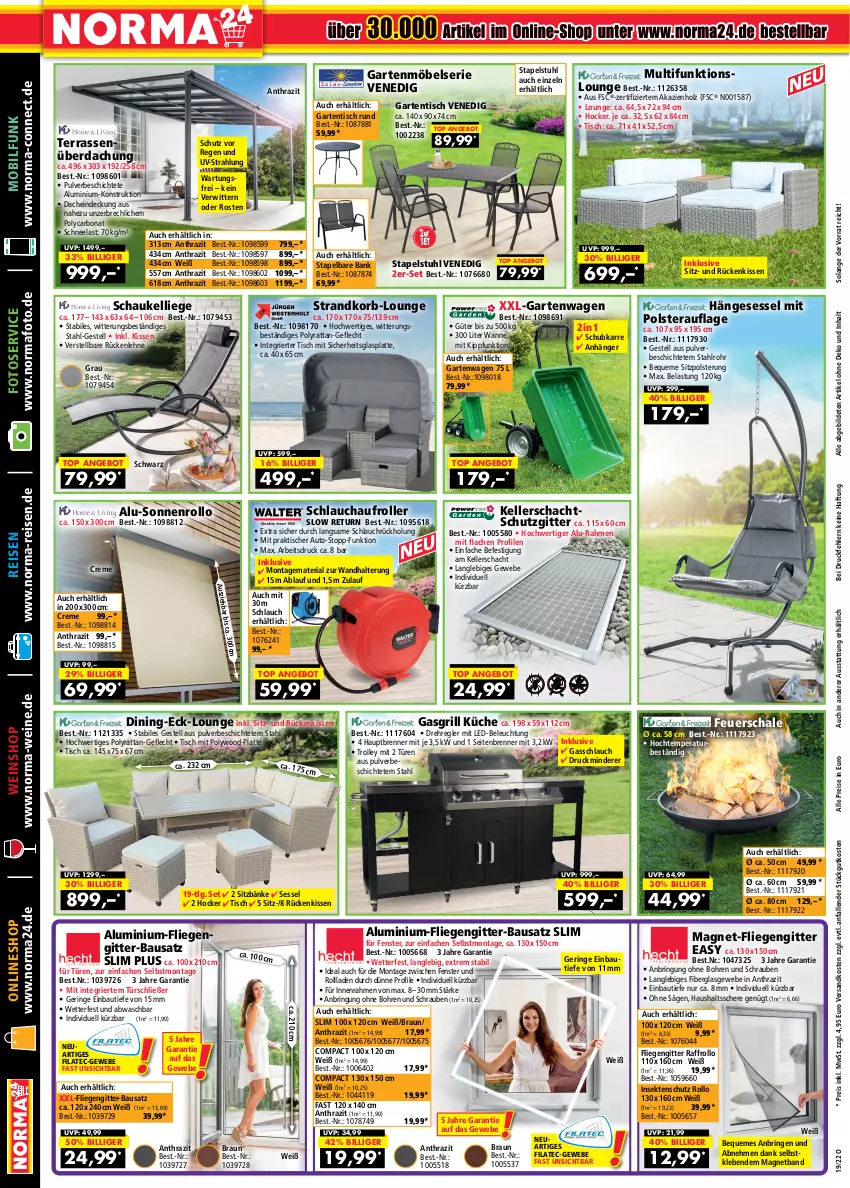 Aktueller Prospekt Norma - Norma - von 28.04 bis 15.05.2022 - strona 2 - produkty: angebot, Anhänger, auto, Bank, Bau, beleuchtung, Bona, braun, creme, eis, elle, fenster, feuerschale, fliegengitter, Garten, gartenmöbel, gartentisch, gasgrill, glasplatte, grill, hängesessel, hocker, Holz, insektenschutz, kissen, korb, küche, latte, led-beleuchtung, LG, Liege, mit led-beleuchtung, möbel, ndk, reis, Ria, ring, Roller, Rückenkissen, rückenlehne, säge, Schal, Schale, Schaukel, Schaukelliege, Schere, schlauch, schrauben, sekt, sessel, stapelstuhl, strandkorb, stuhl, Terrassenüberdachung, Ti, tisch, wandhalterung, Wanne, wein, weine, weinshop