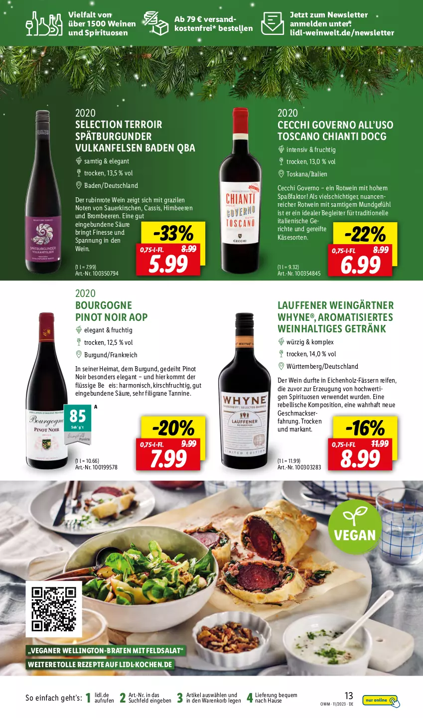 Aktueller Prospekt Lidl - Highlights in der Weinwelt - von 01.11 bis 30.11.2023 - strona 13 - produkty: auer, Bad, beere, beeren, Bourgogne, braten, brombeere, brombeeren, burgunder, cassis, chia, chianti, eis, elle, feldsalat, finesse, frucht, getränk, himbeer, himbeere, himbeeren, Holz, Käse, kirsch, kirsche, kirschen, korb, mac, ndk, Nuance, Pinot, pinot noir, rebell, reifen, rezept, rezepte, ring, rotwein, Rubin, rwe, salat, sauerkirschen, spätburgunder, spirituosen, Ti, versandkostenfrei, wein, weine