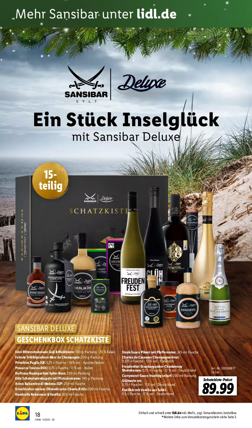 Aktueller Prospekt Lidl - Highlights in der Weinwelt - von 01.11 bis 30.11.2023 - strona 18 - produkty: balsam, balsamico, beere, brut, burgunder, champagne, champagner, chardonnay, creme, curry, currywurst, ecco, eier, eierlikör, flasche, frucht, Geschenkbox, Glühwein, grauburgunder, gutschein, Handseife, kakao, kokos, kokosnuss, Kugel, LG, likör, mit pistazien, Mode, natives olivenöl, ndk, nuss, olive, oliven, olivenöl, olivenöl extra, parfum, pfeffer, pistazien, pralinen, primitivo, prosecco, sauce, schoko, schokolade, schokoladen, Seife, steak, Sylter, Ti, Trüffel, vanille, Vase, wein, wurst