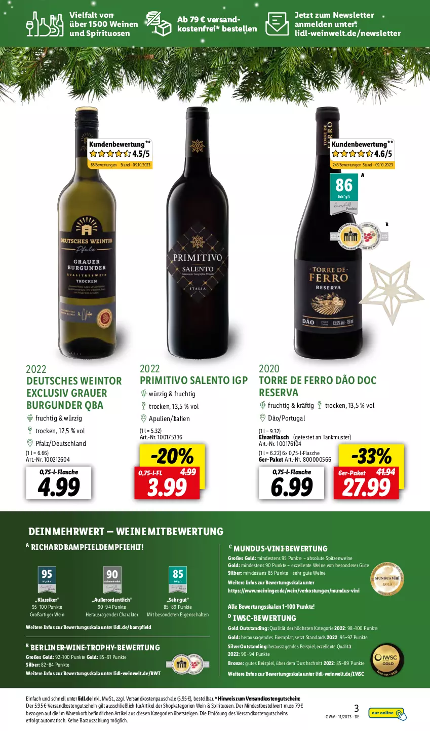 Aktueller Prospekt Lidl - Highlights in der Weinwelt - von 01.11 bis 30.11.2023 - strona 3 - produkty: auer, auto, berliner, burgunder, eis, elle, ente, flasche, frucht, grauer burgunder, gutschein, korb, LG, ndk, primitivo, rwe, Schal, Schale, spirituosen, Ti, tisch, versandkostenfrei, wein, weine