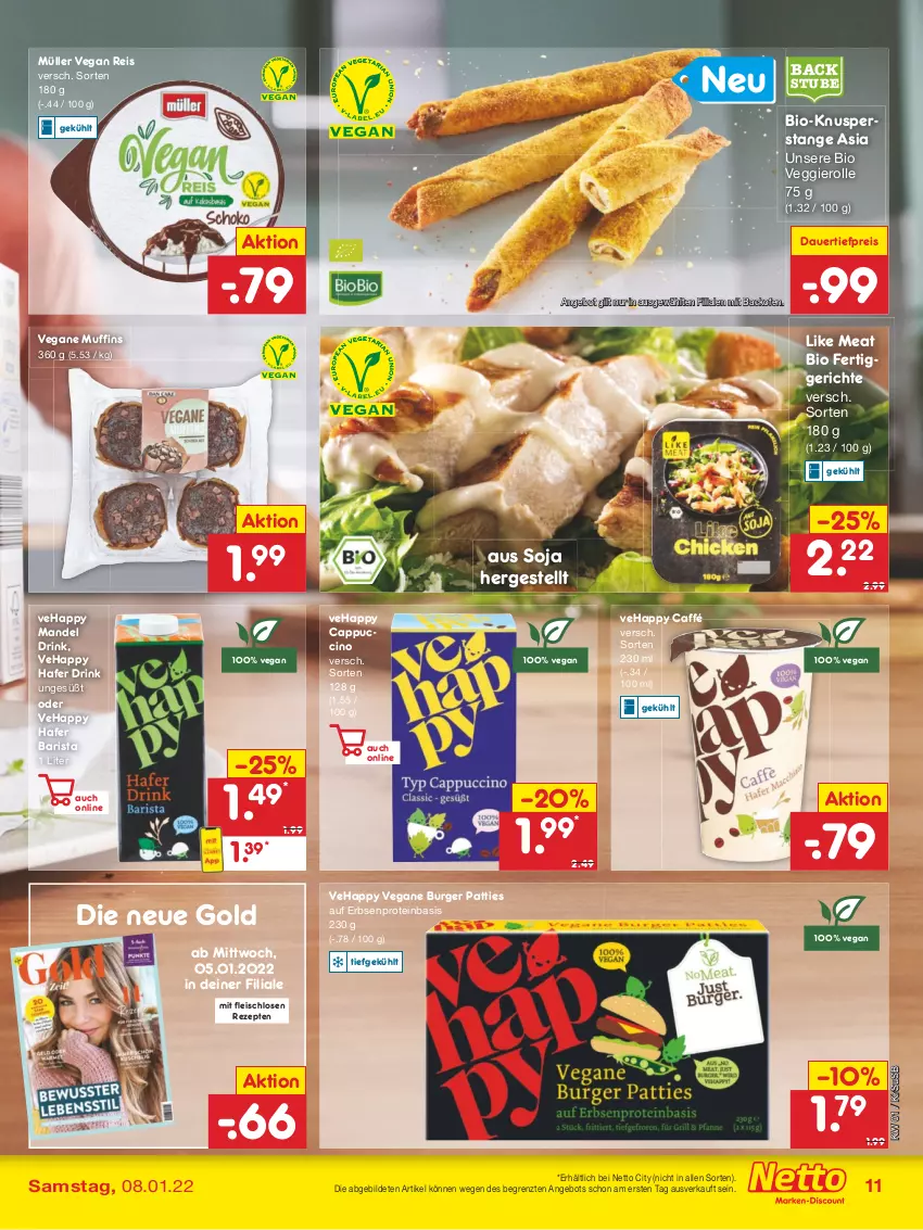 Aktueller Prospekt Netto Marken-Discount - Filial Angebote - von 03.01 bis 08.01.2022 - strona 11 - produkty: angebot, auer, backofen, bio, burger, Cap, cappuccino, cin, dauertiefpreis, drink, eis, erbsen, fertiggericht, fertiggerichte, fleisch, hafer, Like Meat, magazin, mandel, Muffin, muffins, Müller, Ofen, reis, rezept, rezepte, soja, stube, Ti, tiefpreis, usb, veggie, ZTE