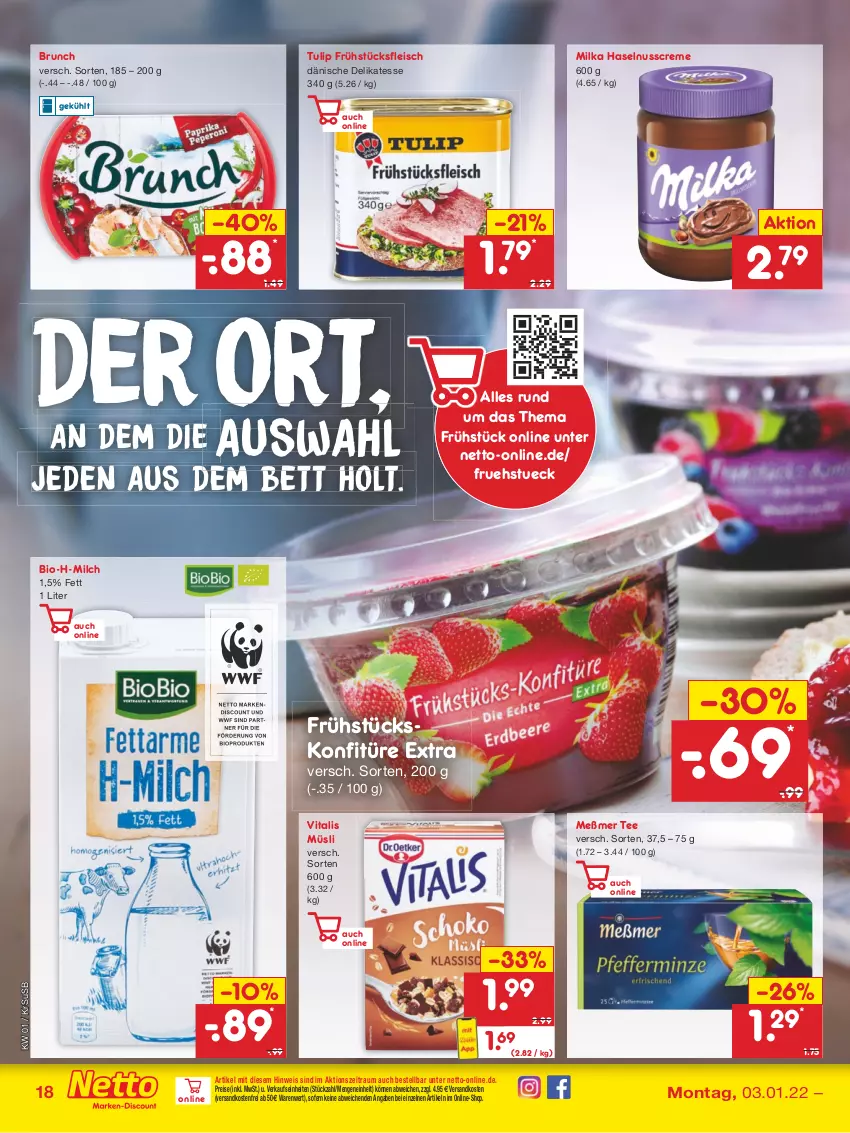 Aktueller Prospekt Netto Marken-Discount - Filial Angebote - von 03.01 bis 08.01.2022 - strona 18 - produkty: bett, bio, creme, discount, eis, fleisch, frühstücksfleisch, haselnuss, Haselnusscreme, konfitüre, konfitüre extra, marken-discount, Meßmer, milch, milka, müsli, ndk, nuss, reis, tee, Ti, tulip, usb, versandkostenfrei, vita, vitalis, vitalis müsli