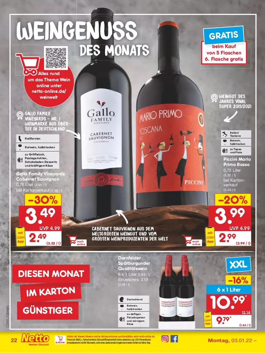 Aktueller Prospekt Netto Marken-Discount - Filial Angebote - von 03.01 bis 08.01.2022 - strona 22 - produkty: burgunder, cabernet, cabernet sauvignon, cin, dessert, desserts, dornfelder, eis, ente, flasche, fleisch, gallo, gallo family, grill, Käse, ndk, nuss, pasta, Pastagericht, pizza, qualitätswein, reis, rotwein, sauvignon, schoko, schokolade, schokoladen, spätburgunder, Tapas, Ti, tuc, usb, versandkostenfrei, wein