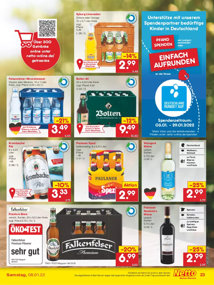 Aktueller Prospekt Netto Marken-Discount - Filial Angebote - von 03.01 bis 08.01.2022 - strona 23 - produkty: Alwa, angebot, auto, bier, Biere, eis, fisch, freixenet, früchte, früchten, getränk, getränke, grill, Käse, Kinder, krombache, krombacher, krombacher pils, limo, limonade, limonaden, magazin, meeresfrüchte, mineralwasser, orange, pasta, Paula, paulaner, pils, rotwein, Spezi, steiner, Ti, tomate, tomaten, usb, wasser, wein, weine, Weißwein, zitrone, ZTE