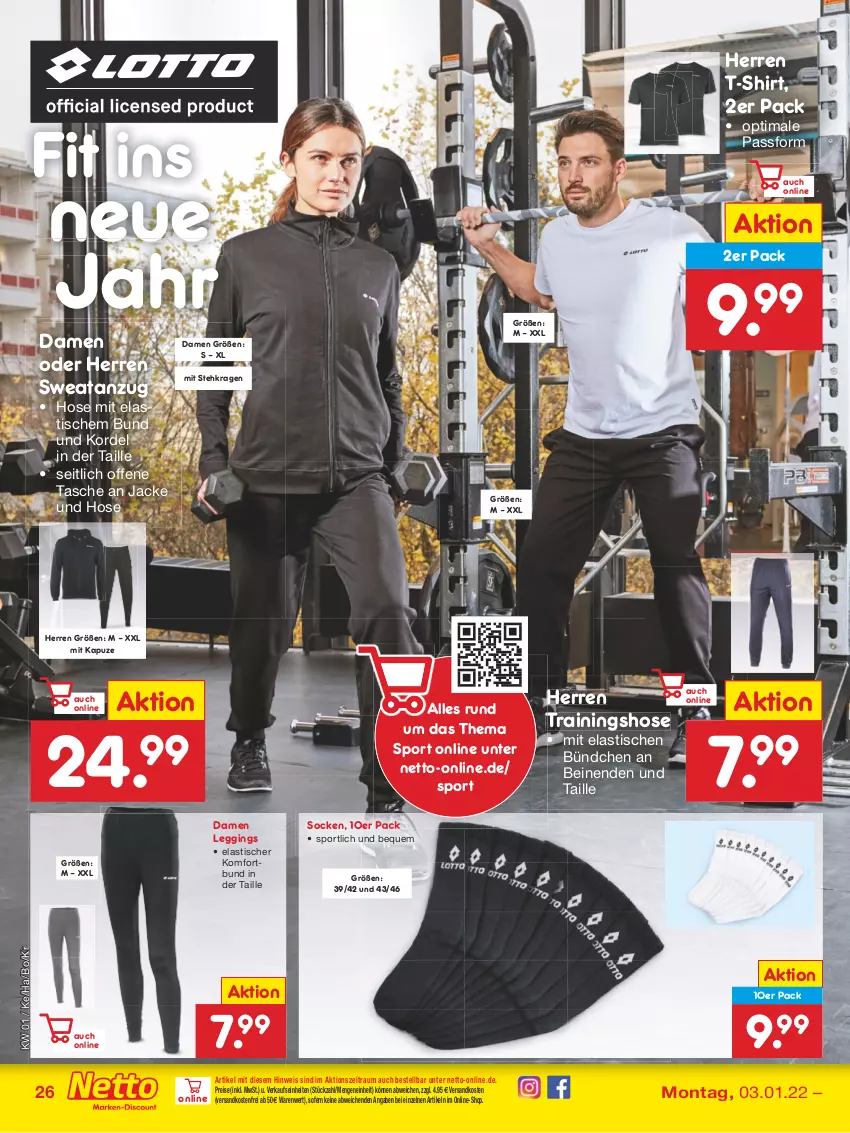 Aktueller Prospekt Netto Marken-Discount - Filial Angebote - von 03.01 bis 08.01.2022 - strona 26 - produkty: Anzug, asti, eis, gin, hose, Jacke, leggings, ndk, reis, shirt, socken, Sport, T-Shirt, Tasche, Ti, tisch, Trainingshose, versandkostenfrei