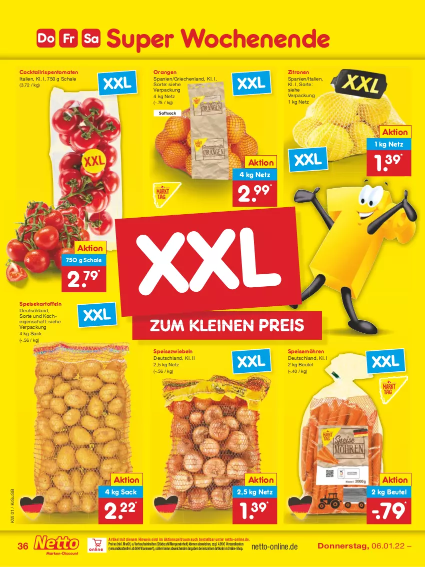 Aktueller Prospekt Netto Marken-Discount - Filial Angebote - von 03.01 bis 08.01.2022 - strona 36 - produkty: beutel, cocktail, eis, kartoffel, kartoffeln, leine, möhren, ndk, orange, orangen, reis, rispentomaten, sac, saft, Schal, Schale, speisekartoffeln, speisemöhren, Speisezwiebeln, Ti, tomate, tomaten, usb, versandkostenfrei, zitrone, zitronen, zwiebel, zwiebeln