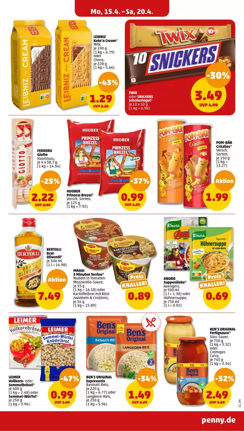 Aktueller Prospekt Penny - Prospekte - von 15.04 bis 20.04.2024 - strona 11 - produkty: auer, basmati, basmati-reis, Ben’s Original, Brei, brezel, curry, eimer, eis, ferrero, gin, giotto, haselnuss, hühner, Hühnersuppe, kartoffel, kartoffelbrei, keks, korn, leibniz, leimer, maggi, nudel, nudeln, nuss, reis, sauce, Semmel, Semmelbrösel, suppe, suppen, suppenliebe, terrine, Ti, tomate, tomaten, würfel, zwiebel, zwiebeln