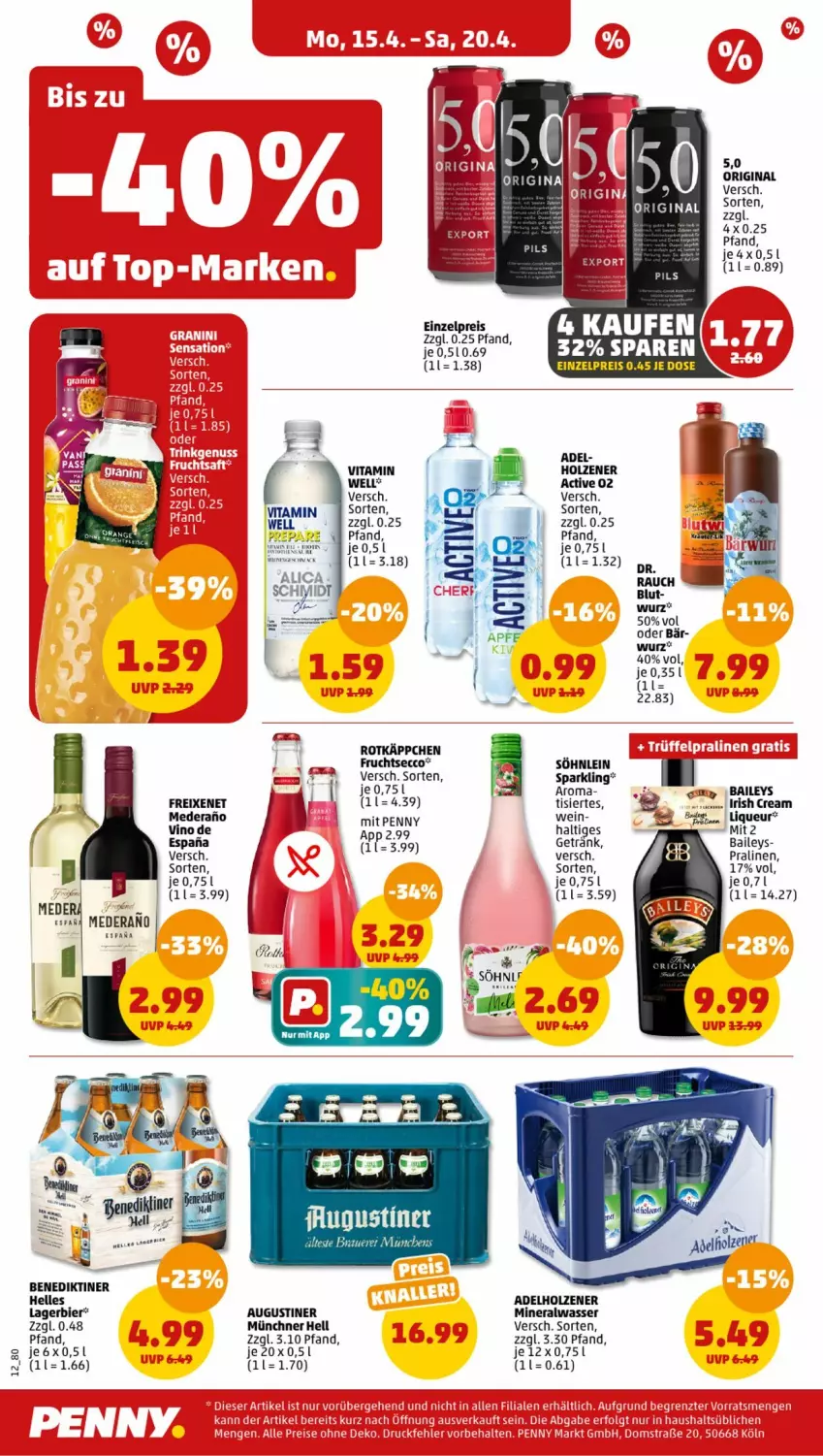 Aktueller Prospekt Penny - Prospekte - von 15.04 bis 20.04.2024 - strona 12 - produkty: adelholzener, Alwa, baileys, Benediktiner, bett, bier, ecco, eis, elle, freixenet, frucht, fruchtsecco, getränk, gin, Holz, irish cream, Lagerbier, liqueur, mineralwasser, pralinen, Rauch, reis, rotkäppchen, söhnlein, Ti, vita, wasser