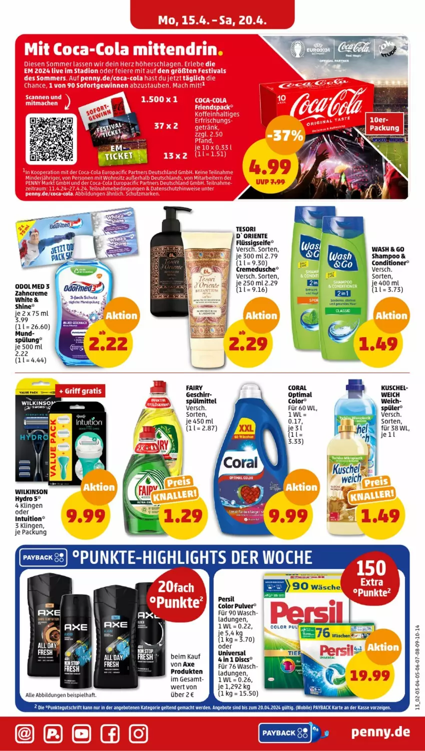 Aktueller Prospekt Penny - Prospekte - von 15.04 bis 20.04.2024 - strona 13 - produkty: angebot, angebote, axe, Coral, creme, cremedusche, dusche, eis, ente, erde, fairy, flüssigseife, geschirr, mac, Odol, payback, persil, Seife, shampoo, spülmittel, spülung, Ti, wilkinson, zahncreme