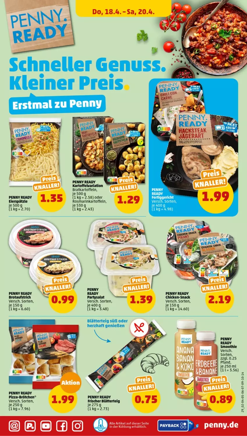 Aktueller Prospekt Penny - Prospekte - von 15.04 bis 20.04.2024 - strona 29 - produkty: aufstrich, banane, blätterteig, brot, brotaufstrich, brötchen, eier, eierspätzle, eis, elle, kartoffel, kartoffeln, leine, nuss, payback, pizza, reis, Ria, rosmarin, salat, smoothie, snack, Ti