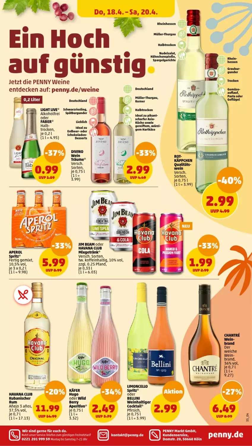 Aktueller Prospekt Penny - Prospekte - von 15.04 bis 20.04.2024 - strona 35 - produkty: aperol, asti, cocktail, decke, dessert, desserts, Geflügel, getränk, hartkäse, Havana Club, Käse, Mixgetränk, Müller, Müller-Thurgau, nudel, nudelsalat, pasta, riesling, rum, salat, schoko, schokolade, schokoladen, schwarzriesling, telefon, Ti, uhr, wein, weine