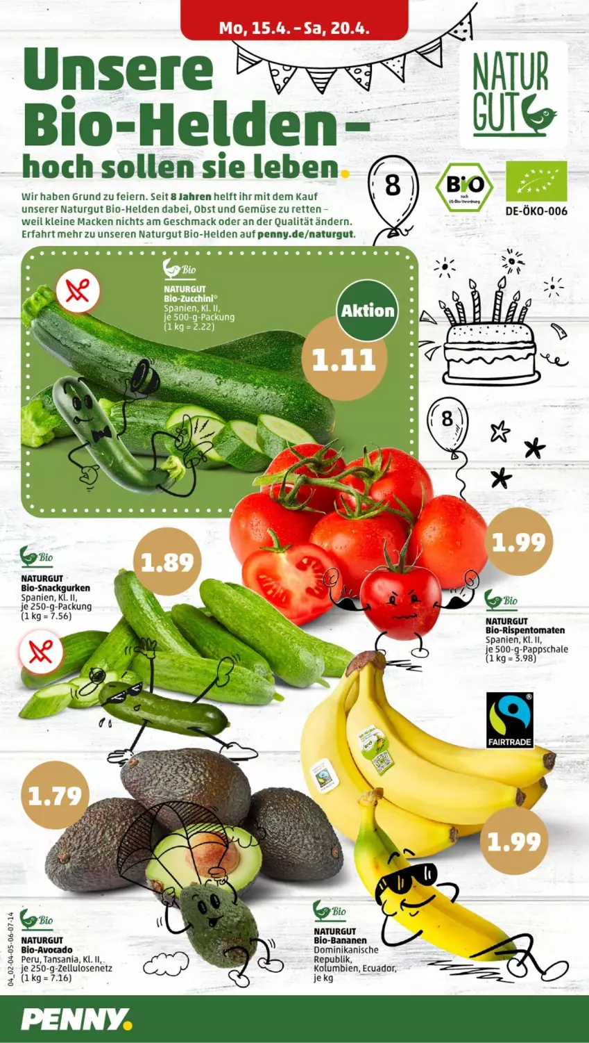 Aktueller Prospekt Penny - Prospekte - von 15.04 bis 20.04.2024 - strona 4 - produkty: bio, bio-zucchini, eier, je 250-g-packung, leine, mac, natur, obst, Obst und Gemüse, rispentomaten, Schal, Schale, tomate, tomaten, und gemüse, zucchini