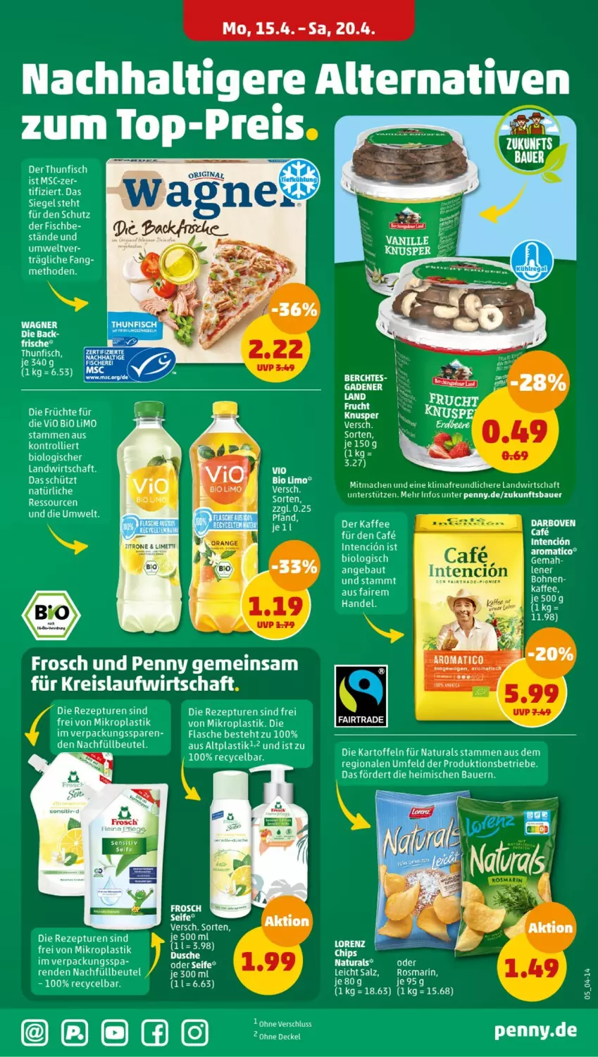 Aktueller Prospekt Penny - Prospekte - von 15.04 bis 20.04.2024 - strona 5 - produkty: aeg, asti, auer, Bau, Bauer, beutel, bio, bio limo, bohne, bohnen, darbo, darboven, eis, fisch, flasche, Frosch, früchte, gin, kaffee, kartoffel, kartoffeln, limo, mac, natur, natura, reis, rezept, rosmarin, salz, Seife, Ti, trolli, vio bio limo, wagner