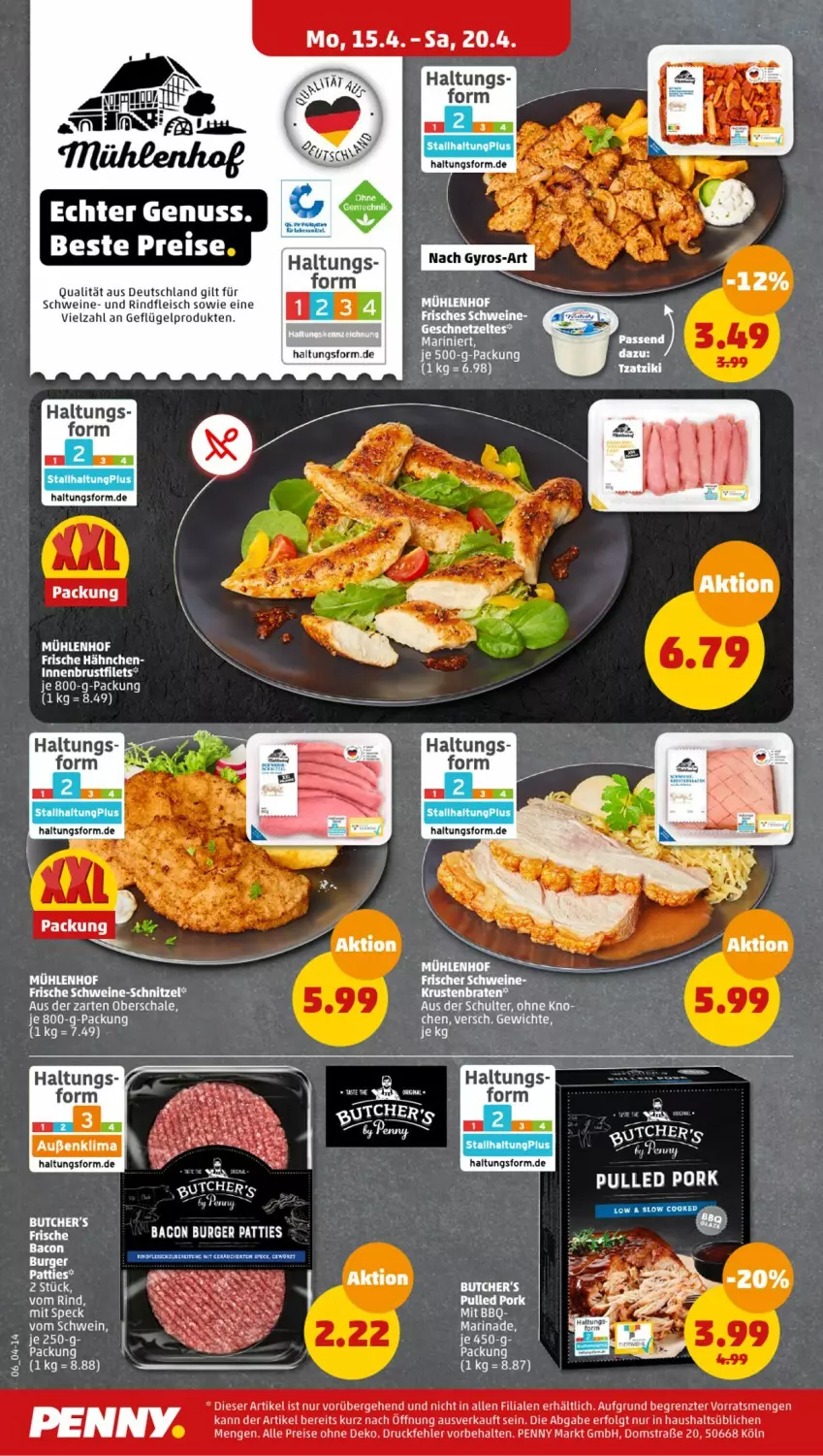 Aktueller Prospekt Penny - Prospekte - von 15.04 bis 20.04.2024 - strona 6 - produkty: bacon, brustfilet, burger, butcher's, eis, filet, filets, fleisch, Frische Hähnchen, Geflügel, hama, LG, marinade, Pulled Pork, reis, rind, rindfleisch, Schal, Schale, schnitzel, schwein, schweine, schweine-schnitzel, Speck, tee, Ti, wein, weine, Zelt, ZTE