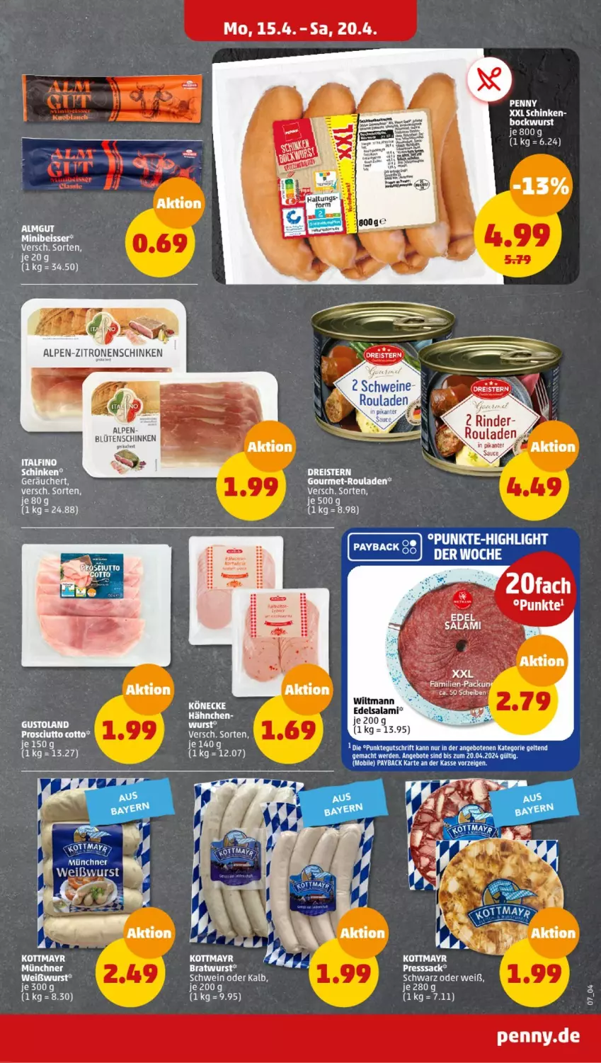 Aktueller Prospekt Penny - Prospekte - von 15.04 bis 20.04.2024 - strona 7 - produkty: Blüte, bockwurst, bratwurst, dreistern, Edelsalami, eis, reis, rouladen, salami, schinken, schwein, schweine, Ti, wein, weine, Weißwurst, wiltmann, wurst, zitrone, zitronen