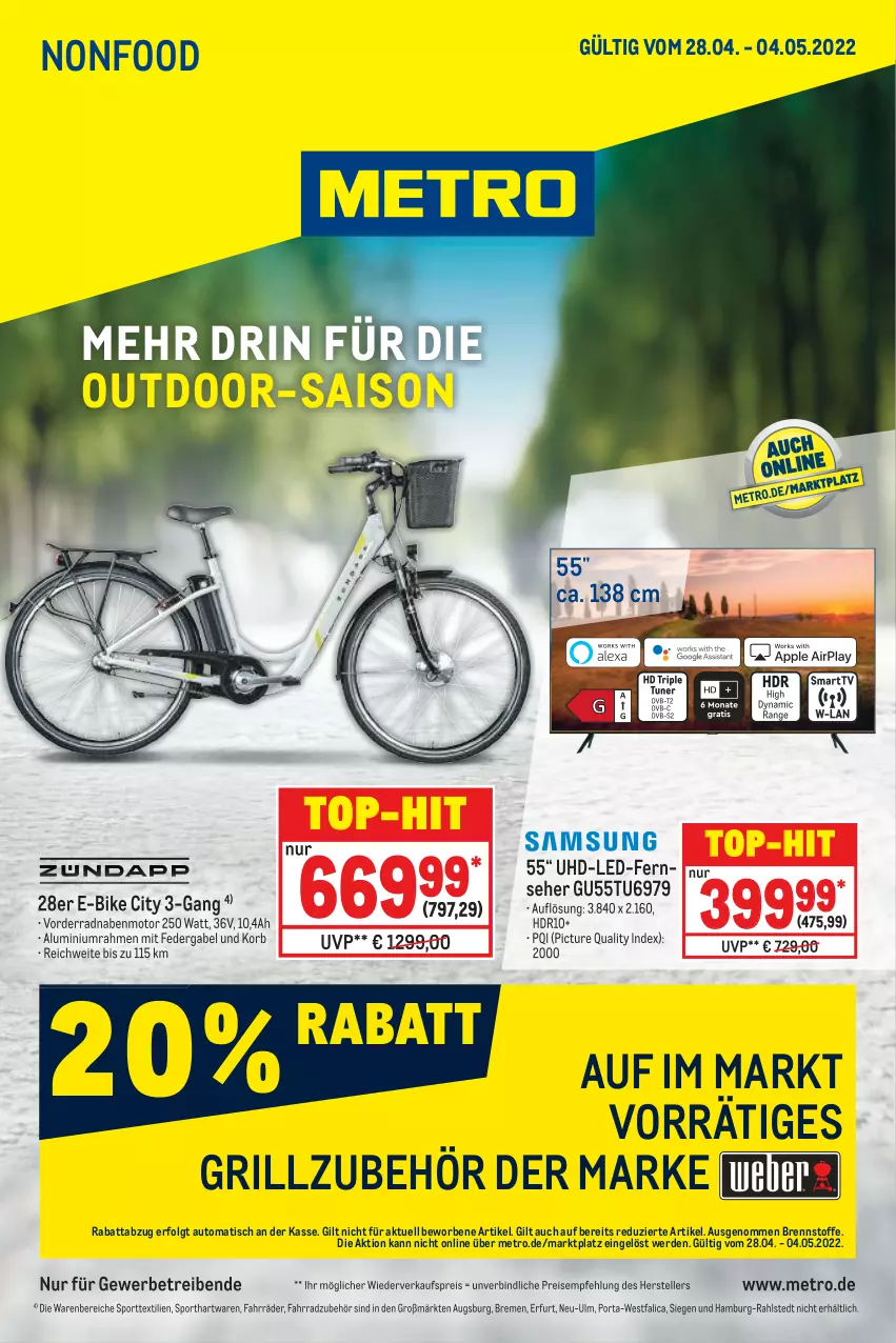 Aktueller Prospekt Metro - NonFood - von 28.04 bis 04.05.2022 - strona 1 - produkty: auto, E-Bike, eis, elle, erde, Fahrrad, fernseher, gabel, grill, Grillzubehör, korb, LG, Metro, reis, Sport, teller, Ti, tisch, top-hit, uhd