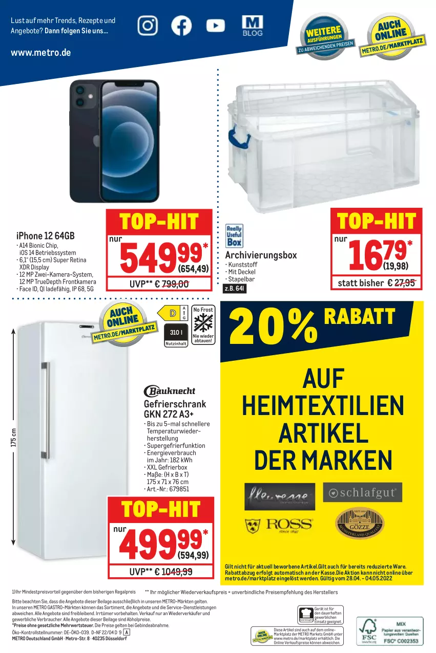 Aktueller Prospekt Metro - NonFood - von 28.04 bis 04.05.2022 - strona 20 - produkty: abholpreise, angebot, angebote, auer, auto, Betriebssystem, bio, decke, Deckel, eis, elle, erde, frontkamera, Gefrierbox, gefrierschrank, heimtextilien, ilag, iphone, IPhone 12, kamera, LG, Metro, metro gastro, preisvorteil, Rauch, regal, reis, rezept, rezepte, rwe, Schrank, supergefrierfunktion, teller, Ti, tisch, top-hit