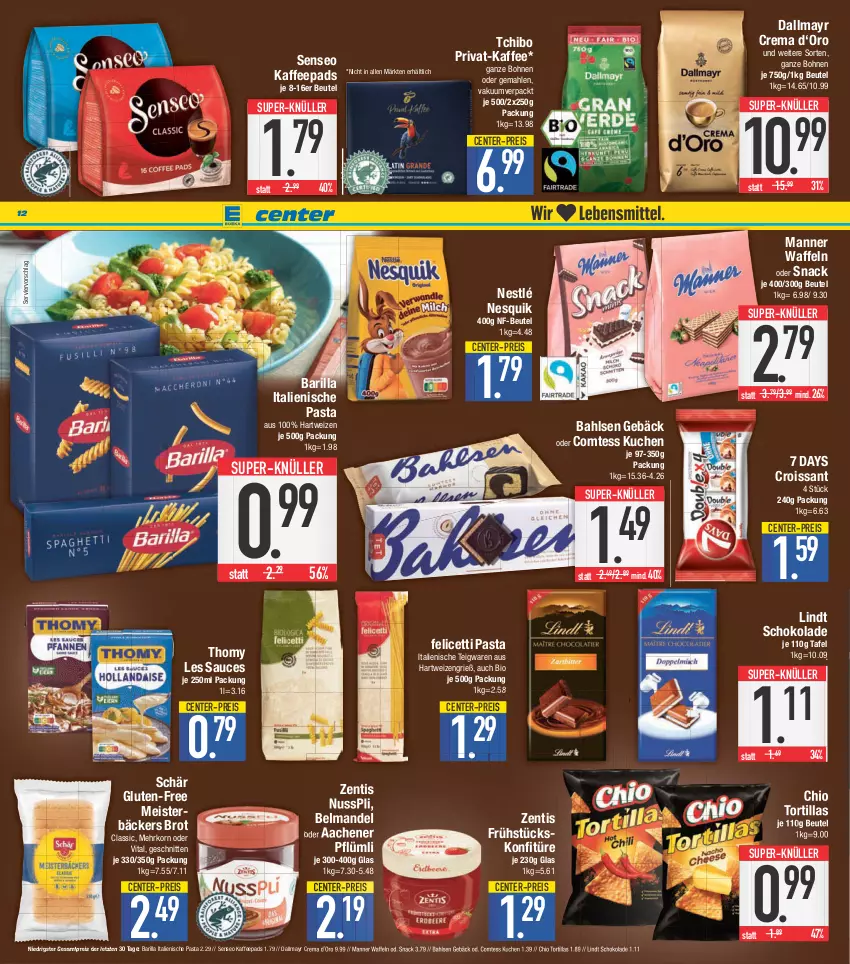 Aktueller Prospekt E Center - Angebote der Woche - von 12.06 bis 17.06.2023 - strona 12 - produkty: bahlsen, barilla, Belmandel, beutel, bio, bohne, bohnen, brot, comtess, comtess kuchen, Croissant, dallmayr, eis, ente, hartweizen, italienische pasta, kaffee, kaffeepads, konfitüre, korn, kuchen, lindt, mandel, Manner, Meister, nesquik, nestlé, nuss, nusspli, pasta, reis, sauce, schnitten, schoko, schokolade, senseo, snack, super-knüller, Tchibo, teigwaren, thomy, thomy les sauces, Ti, tortilla, tortillas, vita, waffeln, zentis, ZTE