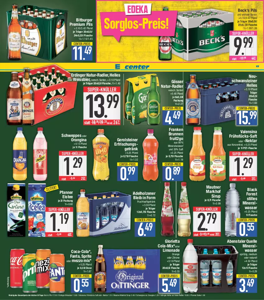 Aktueller Prospekt E Center - Angebote der Woche - von 12.06 bis 17.06.2023 - strona 15 - produkty: adelholzener, Alwa, bier, bitburger, black forest, brunnen, burger, coca-cola, cola, deka, eis, eistee, elle, ente, erdinger, erfrischungsgetränk, fanta, flasche, franken brunnen, frucht, fruchtsaft, fruchtsaftgetränk, gerolsteine, gerolsteiner, getränk, gin, gösser, Holz, lack, limo, limonade, Mautner, Mezzo Mix, mineralwasser, natur, Nektar, orange, orangina, pet-flasche, pfanne, Pfanner, pils, premium pils, radler, reis, rel, saft, schweppes, sirup, sprite, steiner, super-knüller, tee, Ti, valensina, wasser, weissbier, zitrone, ZTE