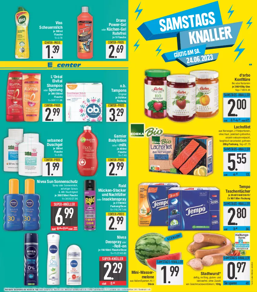 Aktueller Prospekt E Center - Angebote der Woche - von 12.06 bis 17.06.2023 - strona 19 - produkty: bio, body, bodylotion, deo, deospray, duschgel, eis, elvital, ente, filet, flasche, garnier, gin, Heu, konfitüre, küche, Küchen, lachs, lachsfilet, Lotion, mac, melone, milch, natur, nivea, nivea sun, O.b., power-gel, reis, ring, roll-on, rwe, scheuermilch, sebamed, sekt, shampoo, shampoo oder spülung, sonnenmilch, sonnenschutz, spülung, super-knüller, Tampon, tampons, Tasche, taschen, taschentücher, Tempo, Ti, tisch, tücher, vita, wasser, wassermelone, wurst, ZTE