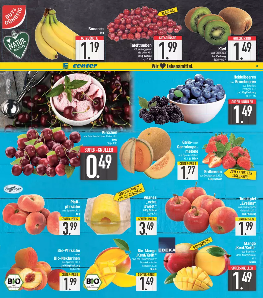 Aktueller Prospekt E Center - Angebote der Woche - von 12.06 bis 17.06.2023 - strona 3 - produkty: ananas, banane, bananen, beere, beeren, bio, brombeere, brombeeren, eis, ente, erdbeere, erdbeeren, heidelbeere, heidelbeeren, kirsch, kirsche, kirschen, kiwi, mango, melone, Nektar, nektarinen, pfirsich, pfirsiche, pfirsiche oder, plattpfirsiche, reis, Schal, Schale, super-knüller, tafeläpfel, tafeltrauben, Ti, trauben