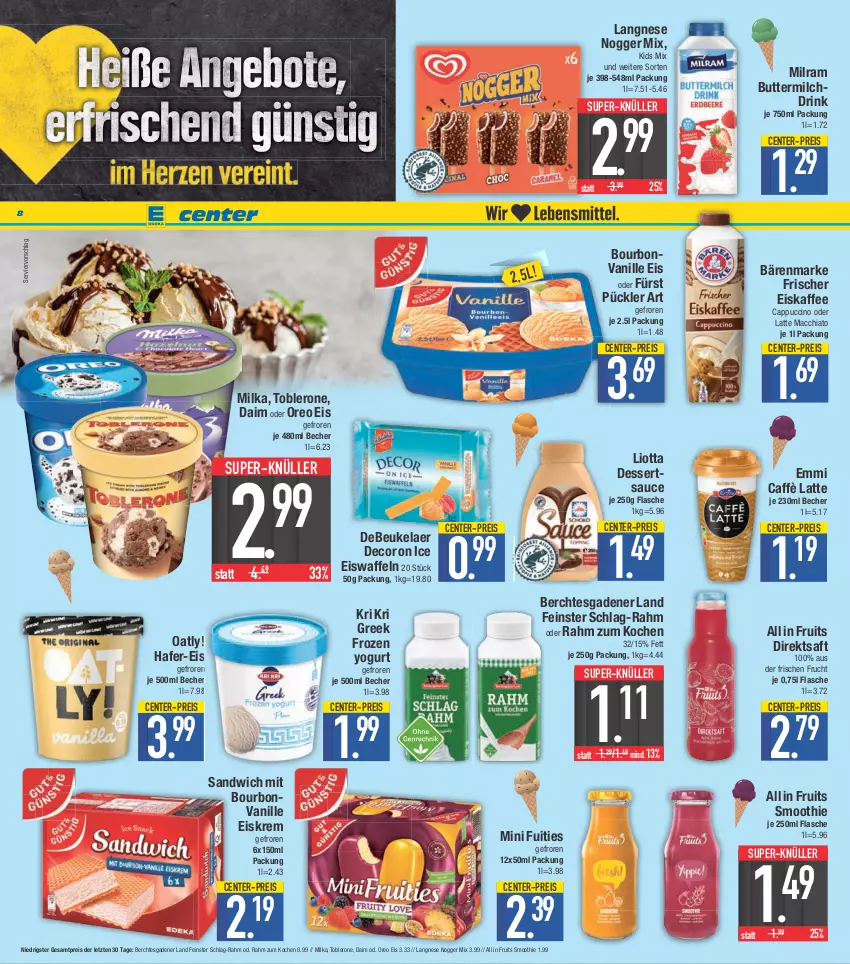 Aktueller Prospekt E Center - Angebote der Woche - von 12.06 bis 17.06.2023 - strona 8 - produkty: ACC, bärenmarke, Becher, bourbon, bourbonvanille, butter, buttermilch, caffè latte, Cap, cappuccino, chia, cin, daim, debeukelaer, decor, dessert, desserts, dessertsauce, direktsaft, drink, eis, eiskaffee, eiswaffeln, emmi, ente, flasche, Frozen Yogurt, frucht, hafer, kaffee, langnese, latte, latte macchiato, mac, macchiato, milch, milka, milram, nogger, oreo, reis, saft, sandwich, sauce, smoothie, super-knüller, Ti, toblerone, vanille, waffeln, Yo, ZTE