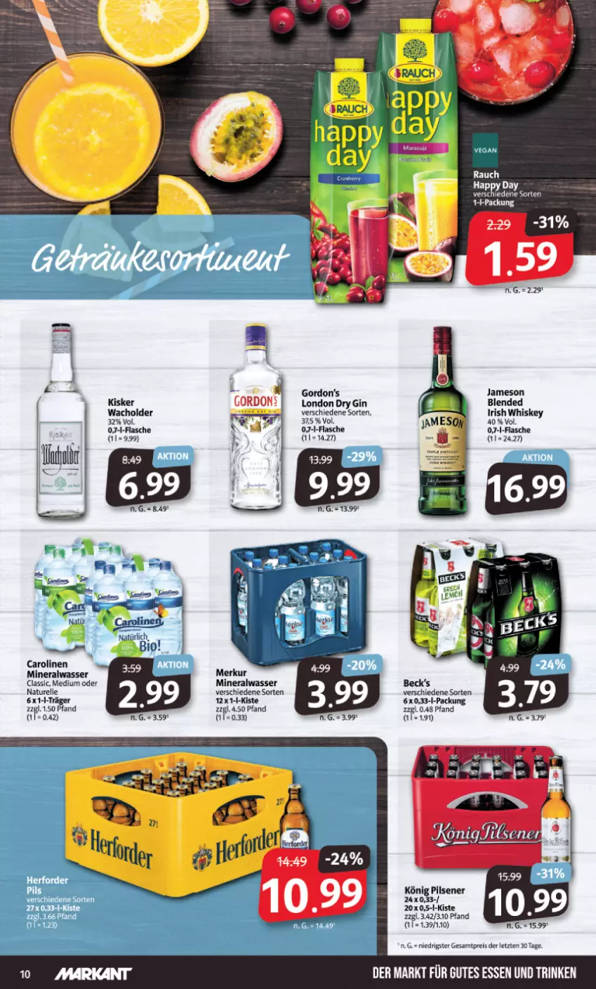 Aktueller Prospekt Markant - Prospekte - von 04.09 bis 09.09.2023 - strona 10 - produkty: Alwa, beck's, dry gin, eis, elle, flasche, gin, gordon, gordon's, Happy Day, irish whiskey, jameson, könig pilsener, london dry, london dry gin, mineralwasser, natur, pils, pilsener, Rauch, reis, rel, wasser, whiskey, ZTE