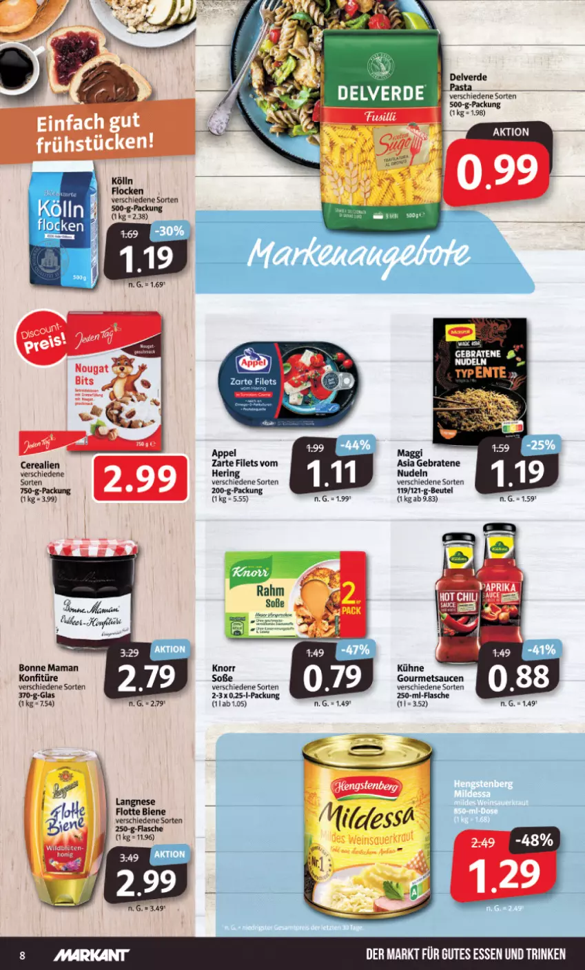 Aktueller Prospekt Markant - Prospekte - von 04.09 bis 09.09.2023 - strona 8 - produkty: beutel, bonne maman, braten, cerealien, filet, filets, flasche, gutes essen, knorr, kölln, konfitüre, Kühne, langnese, mam, nudel, nudeln, sauce, saucen, Ti