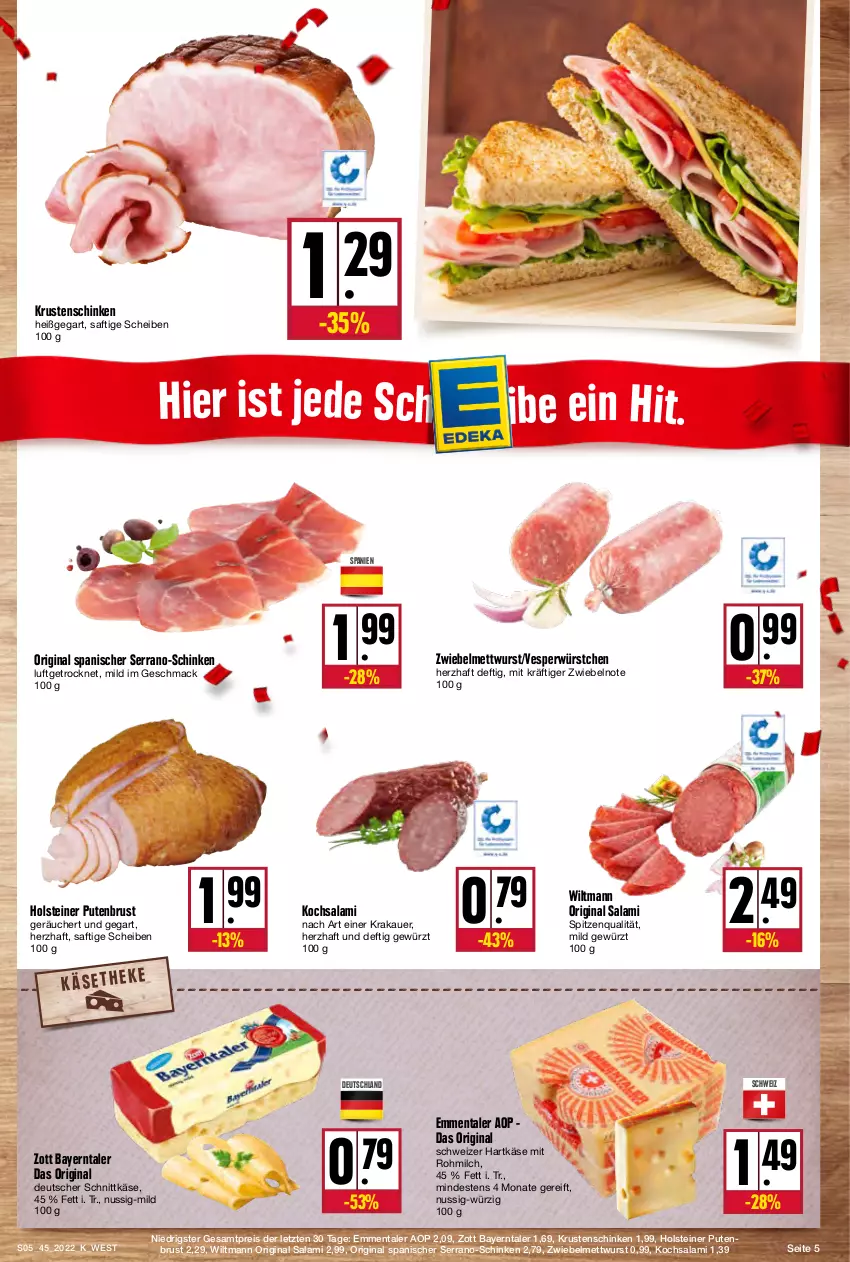 Aktueller Prospekt Kupsch - Angebote der Woche - von 07.11 bis 12.11.2022 - strona 5 - produkty: auer, deutscher schnittkäse, eis, emmentaler, gewürz, gin, hartkäse, holsteiner, Käse, krakauer, Krustenschinken, mac, Mett, mettwurst, milch, nuss, pute, putenbrust, reis, saft, salami, schinken, schnittkäse, schweizer hartkäse, serrano, spitzenqualität, steiner, Ti, wiltmann, wurst, würstchen, zott, ZTE, zwiebel, zwiebelmettwurst, zwiebeln