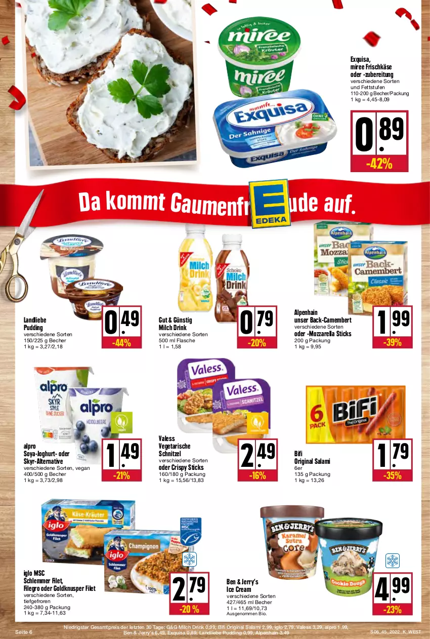 Aktueller Prospekt Kupsch - Angebote der Woche - von 07.11 bis 12.11.2022 - strona 6 - produkty: Alpenhain, alpro, Becher, bifi, bio, camembert, drink, eis, exquisa, filegro, filet, flasche, frischkäse, gin, iglo, joghur, joghurt, Käse, landliebe, milch, miree, mozzarella, pudding, reis, rel, salami, schnitzel, Skyr, soya, Ti, Vegeta, ZTE